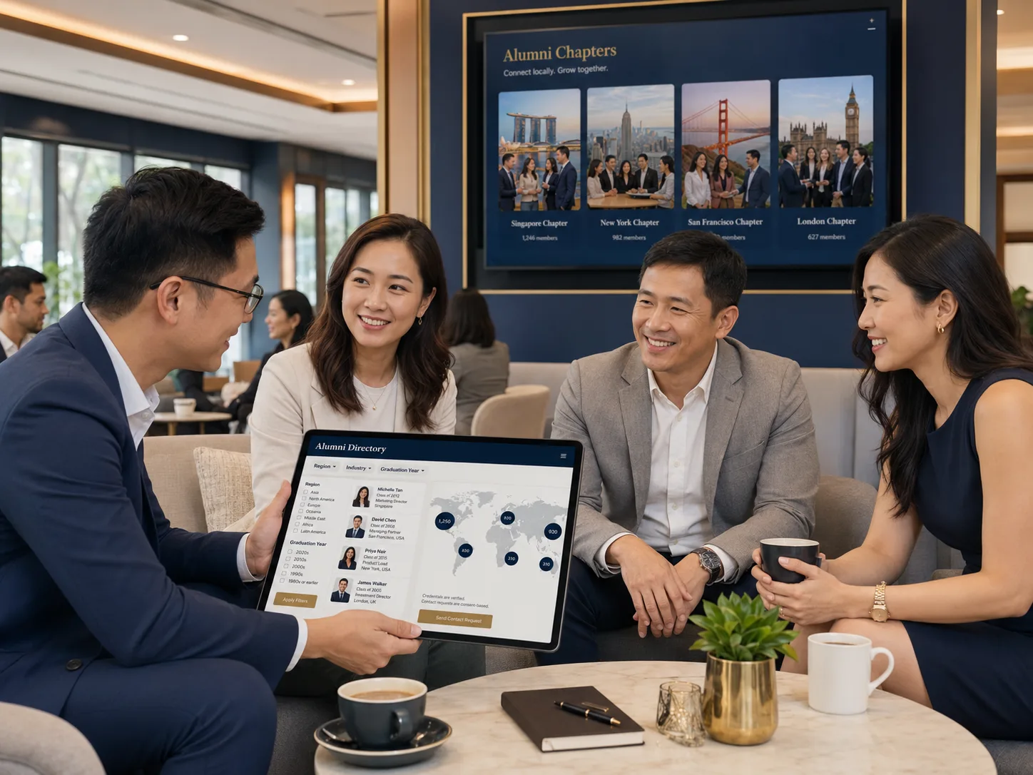 Alumni networking with a privacy-aware directory and chapter interface on real screens