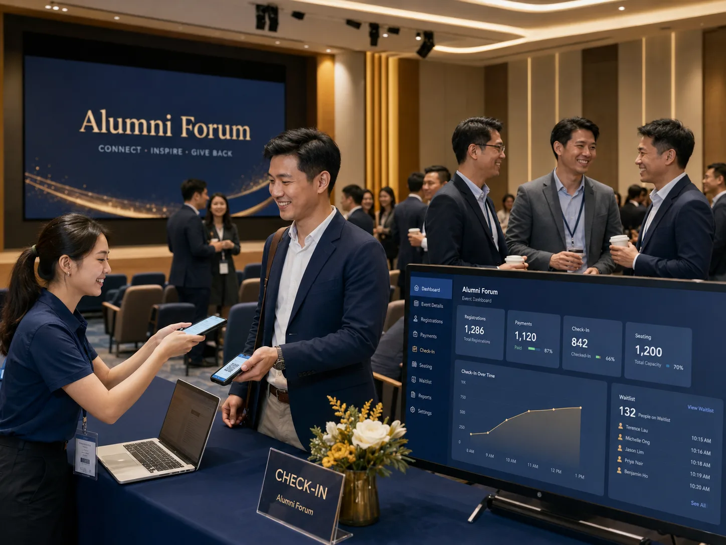 Alumni forum check-in with a high-fidelity registration and event operations dashboard