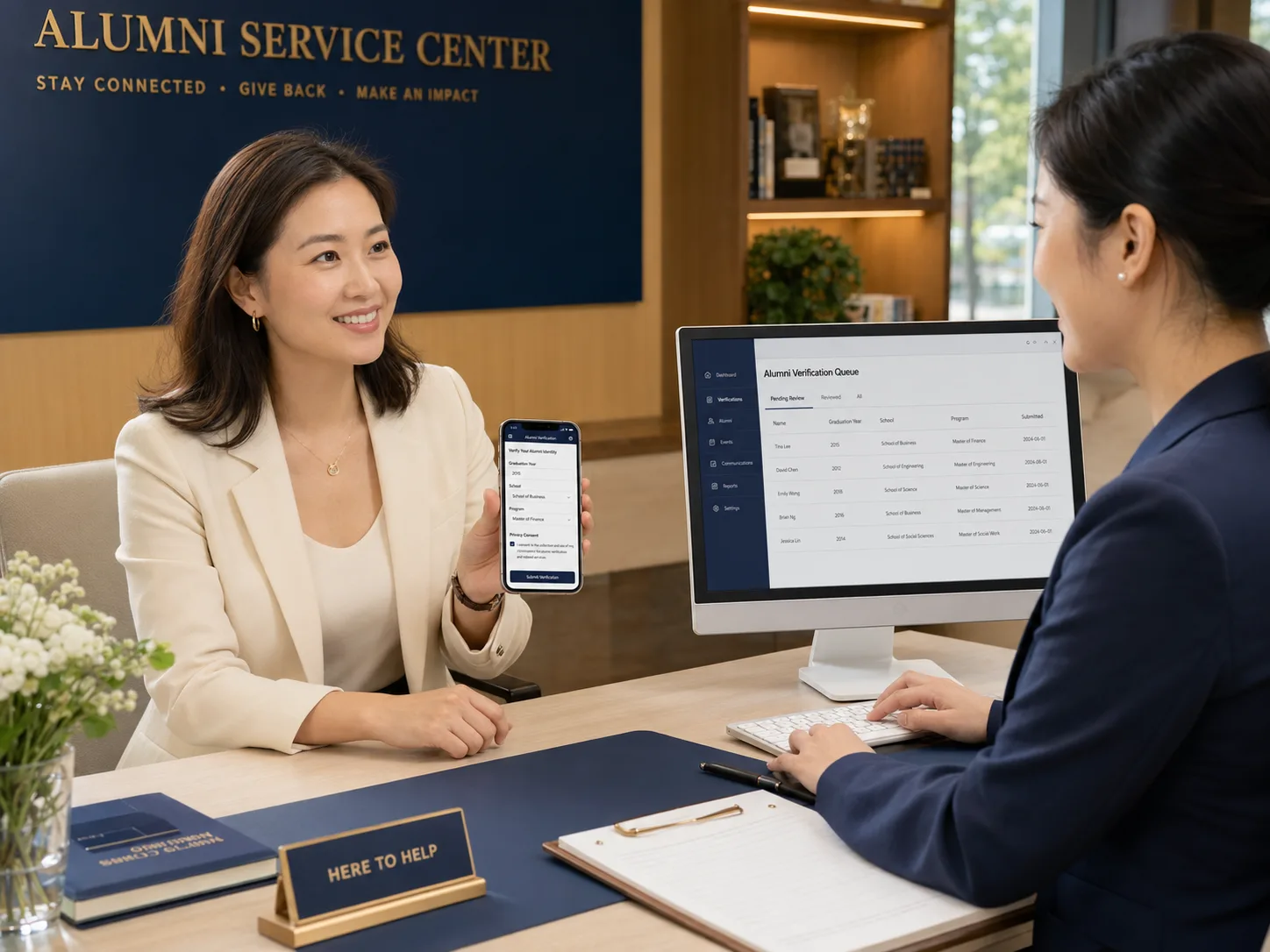 Alumni service center with high-fidelity verification and staff review interfaces