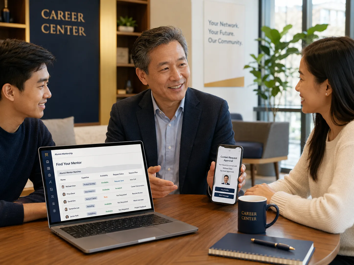 Senior alumnus mentoring younger alumni with a high-fidelity matching and consent interface