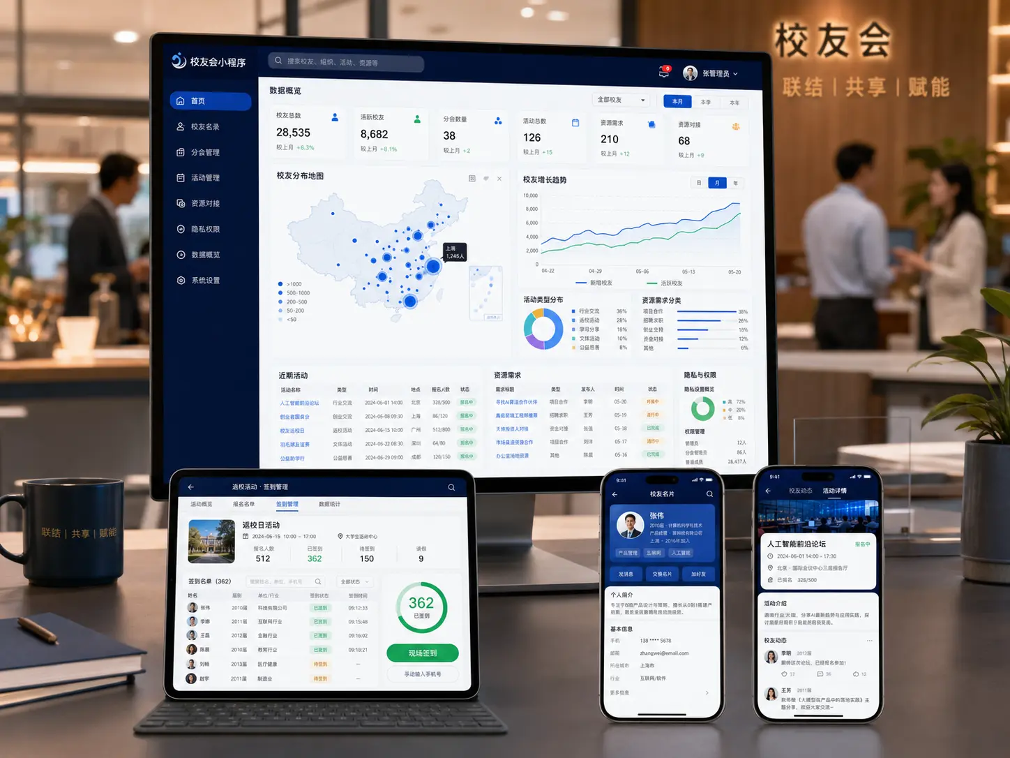校友名录、分会主页和组织管理多端高保真界面