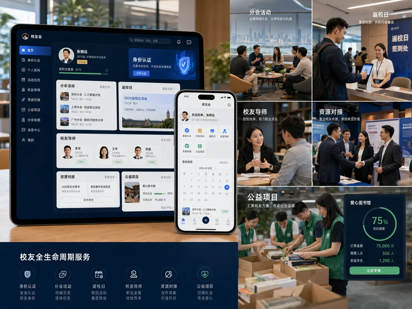 校友身份认证服务场景与资料隐私设置高保真界面