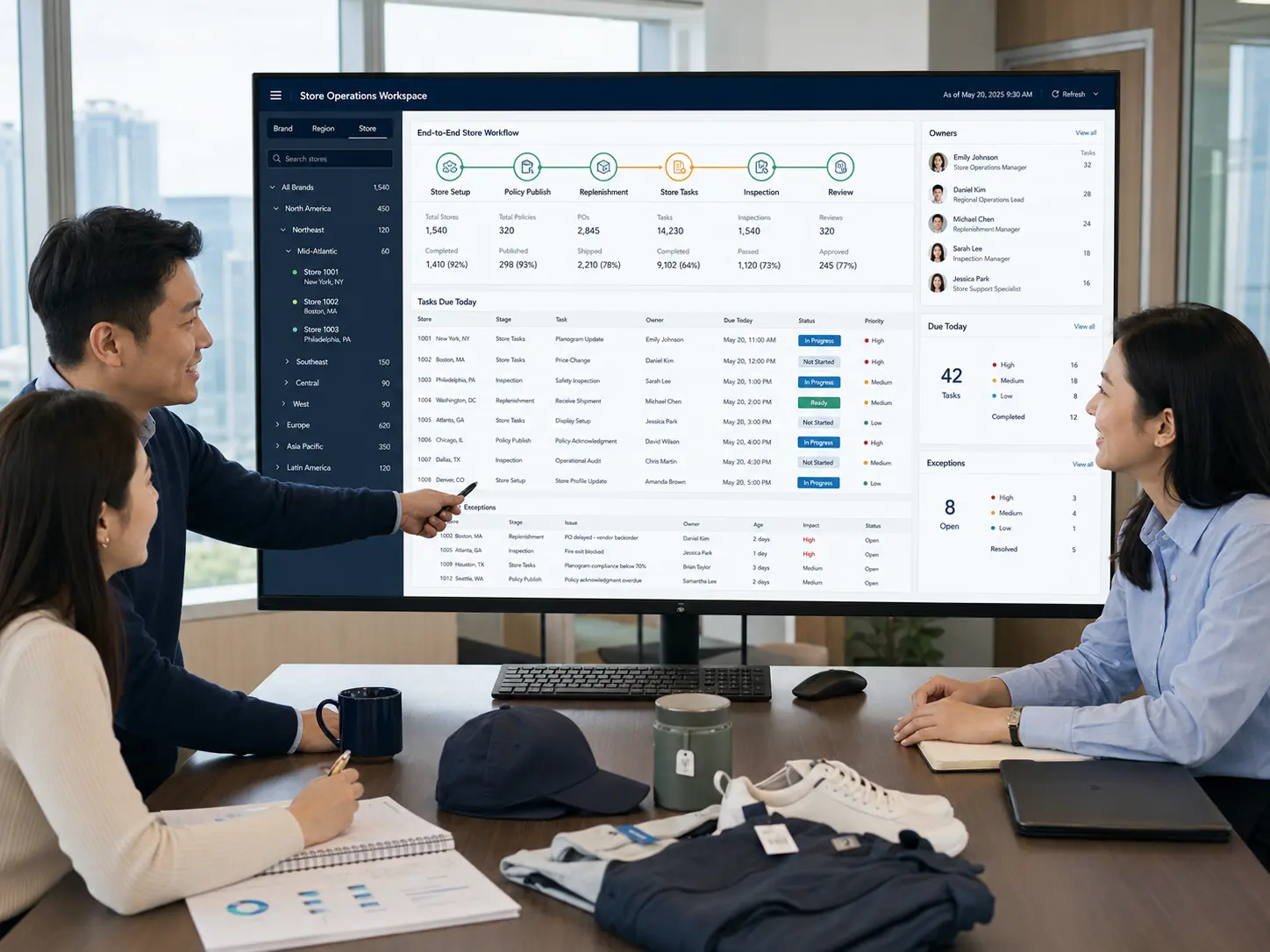 Eight-step chain operations workflow from headquarters planning through store execution, reconciliation and review