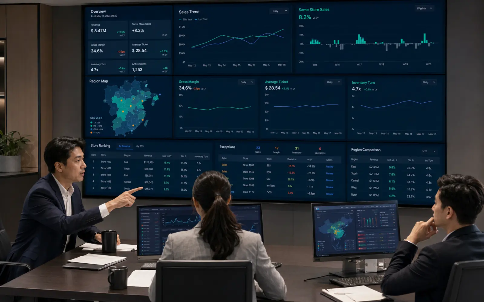 Chain headquarters command center reviewing sales, margin, inventory, store tasks and exception queues across regions
