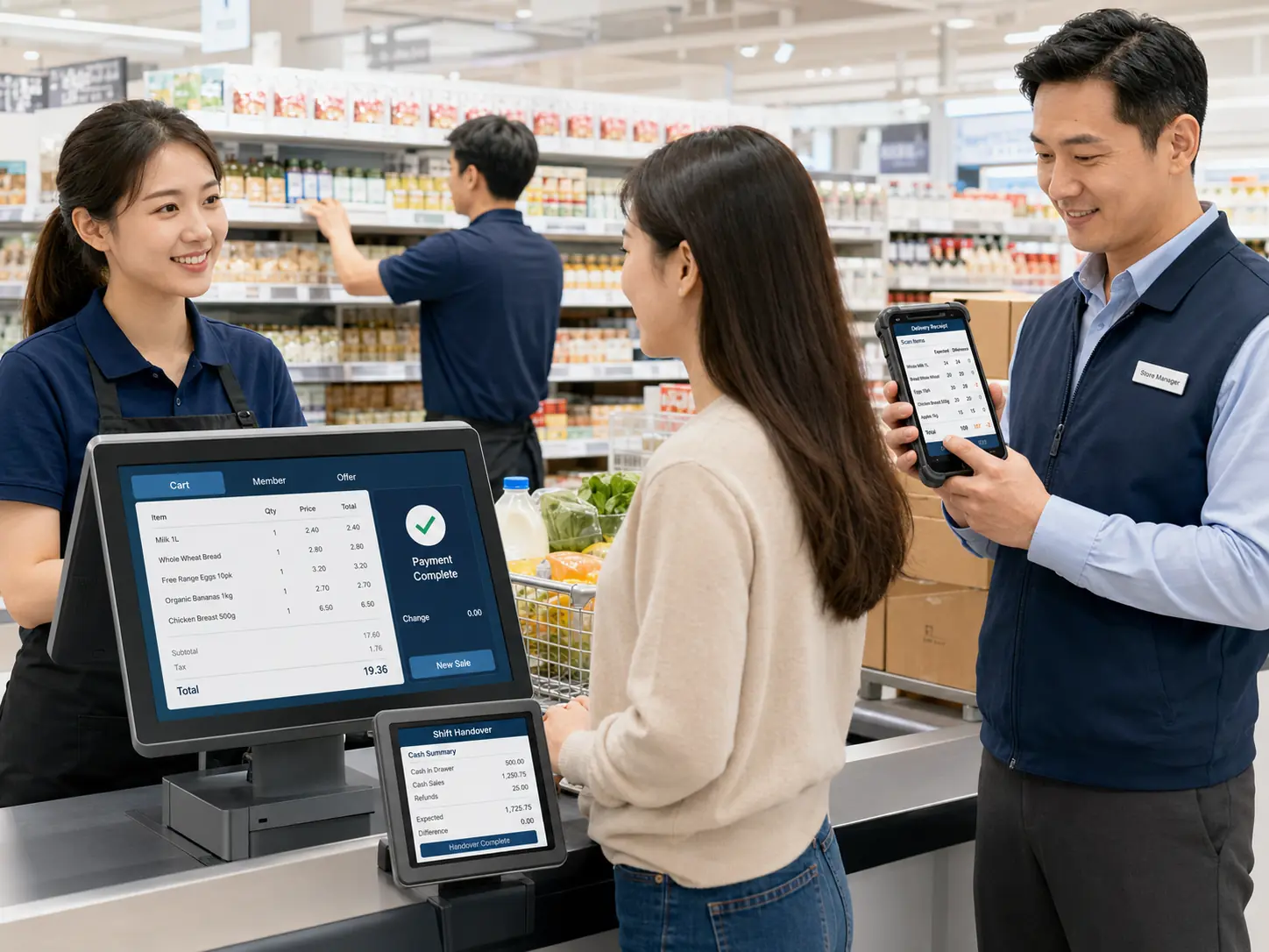 Store manager using POS, tablet and mobile tools for receiving, sales, stock counts and shift tasks