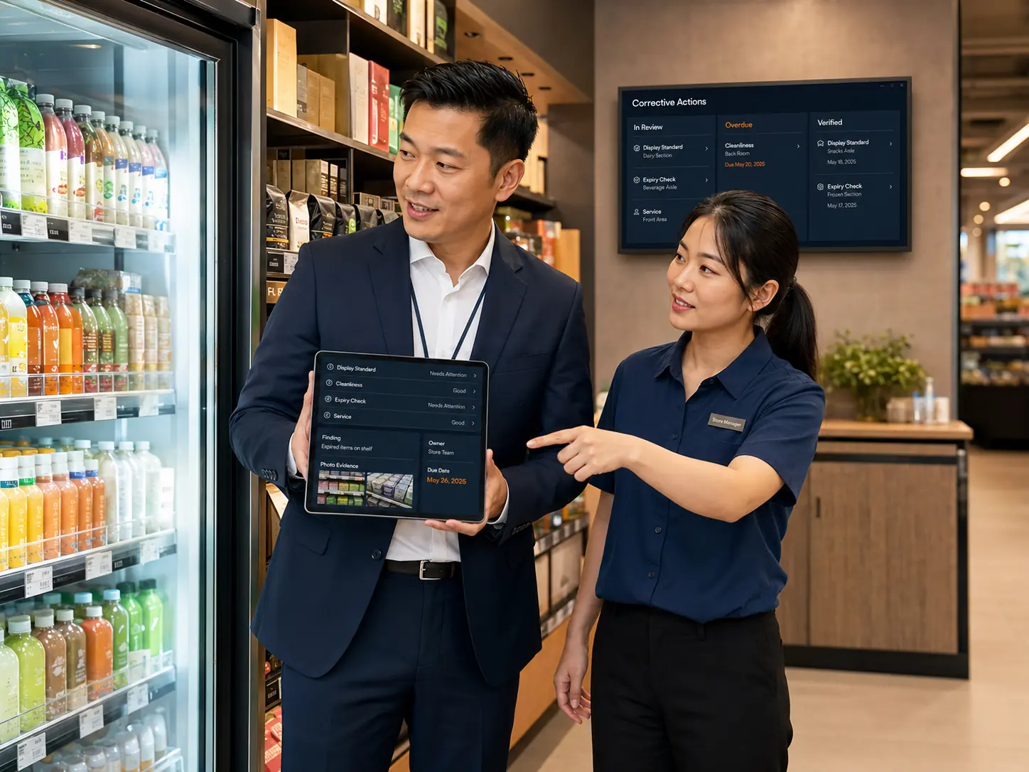 Regional supervisor using a tablet to inspect displays, service, equipment and safety in a chain store