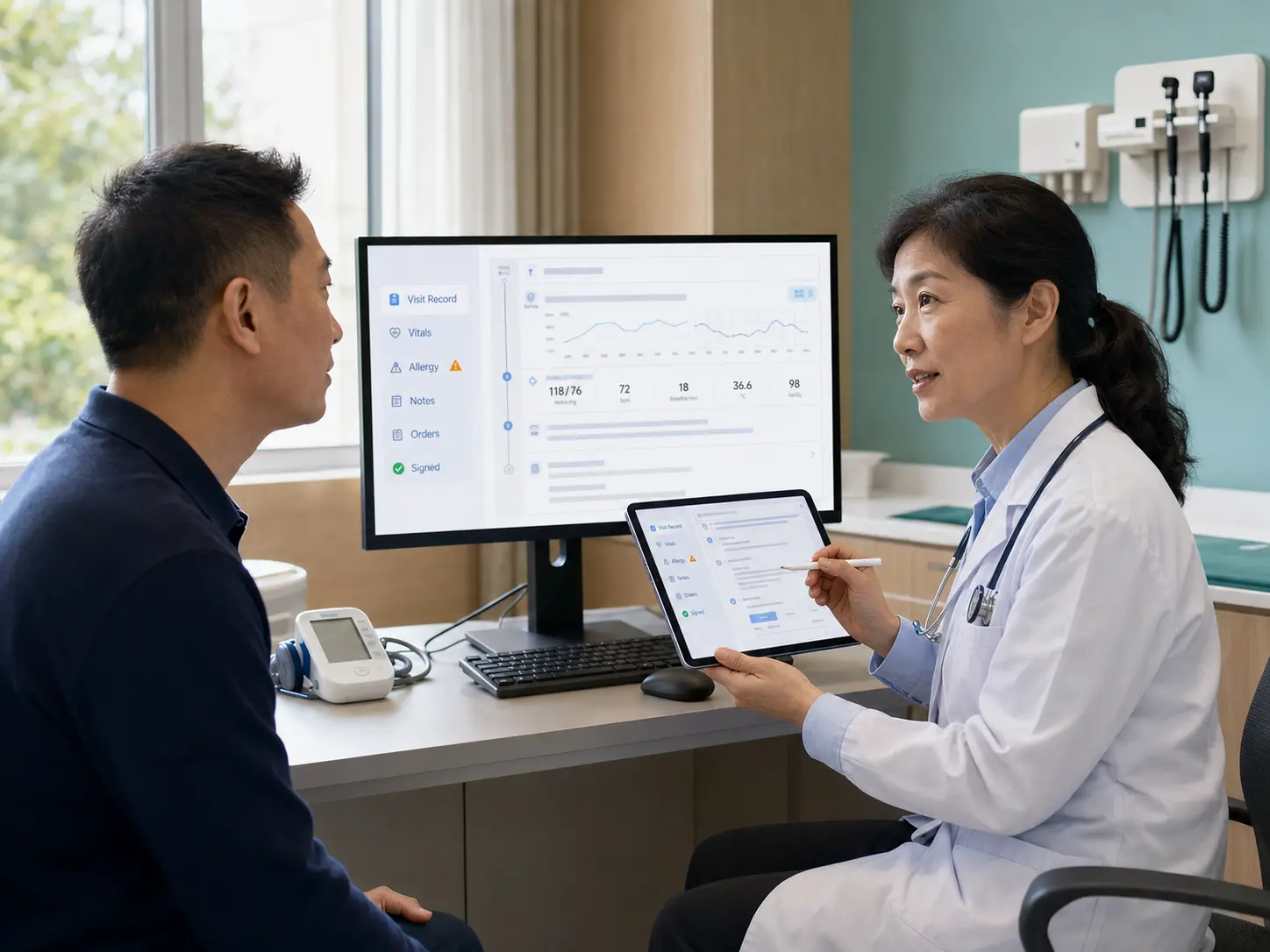 A clinician speaks with a patient while a high-fidelity outpatient EMR shows vital signs, allergy alerts, clinical notes, orders, and signature status