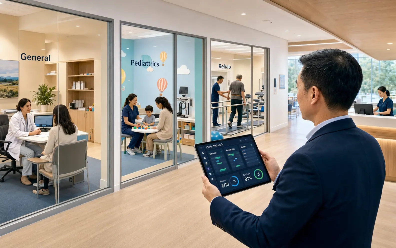 A modern multi-specialty clinic with general practice, pediatrics, and rehabilitation areas while a high-fidelity tablet interface shows room schedules and service status