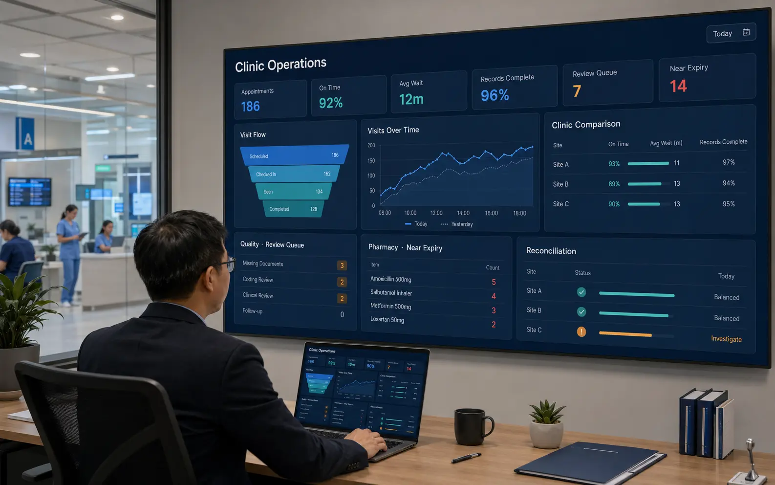 A clinic leader views a high-fidelity multi-site operations dashboard with appointments, arrivals, wait times, EMR completion, prescription review, short-dated stock, and reconciliation