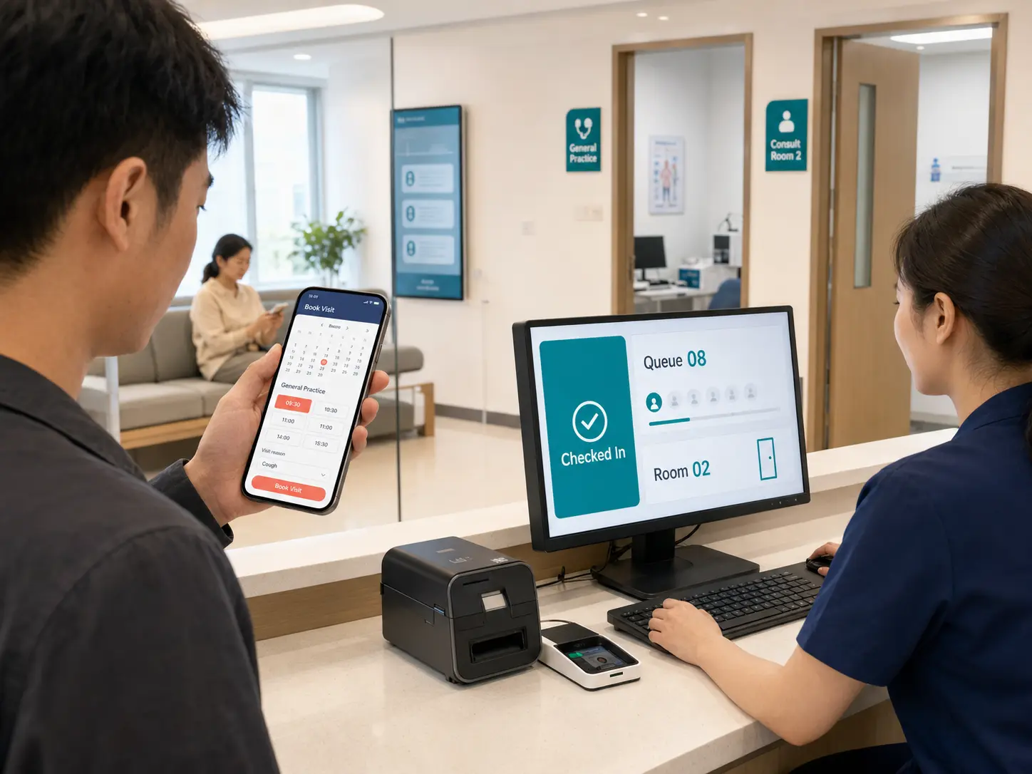 A patient books a clinic appointment on mobile while a high-fidelity front desk interface synchronizes arrival, waiting queue, and room assignment