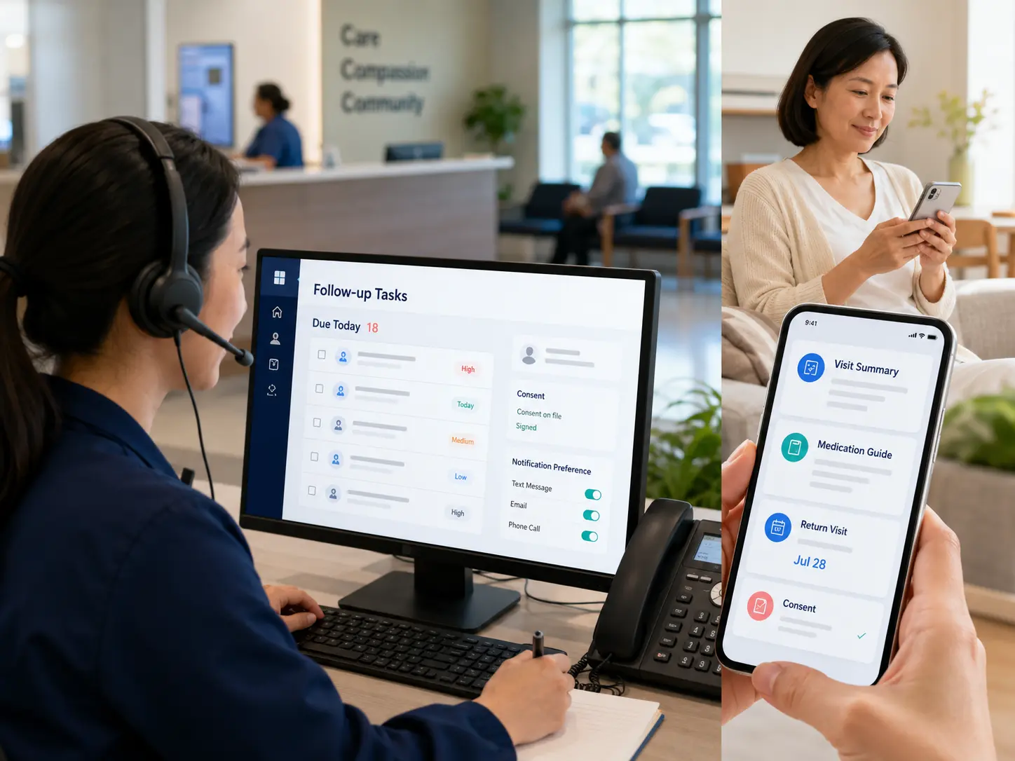 A clinic patient services team uses a follow-up task dashboard while a high-fidelity patient app shows visit summary, medication guidance, recall date, and communication consent