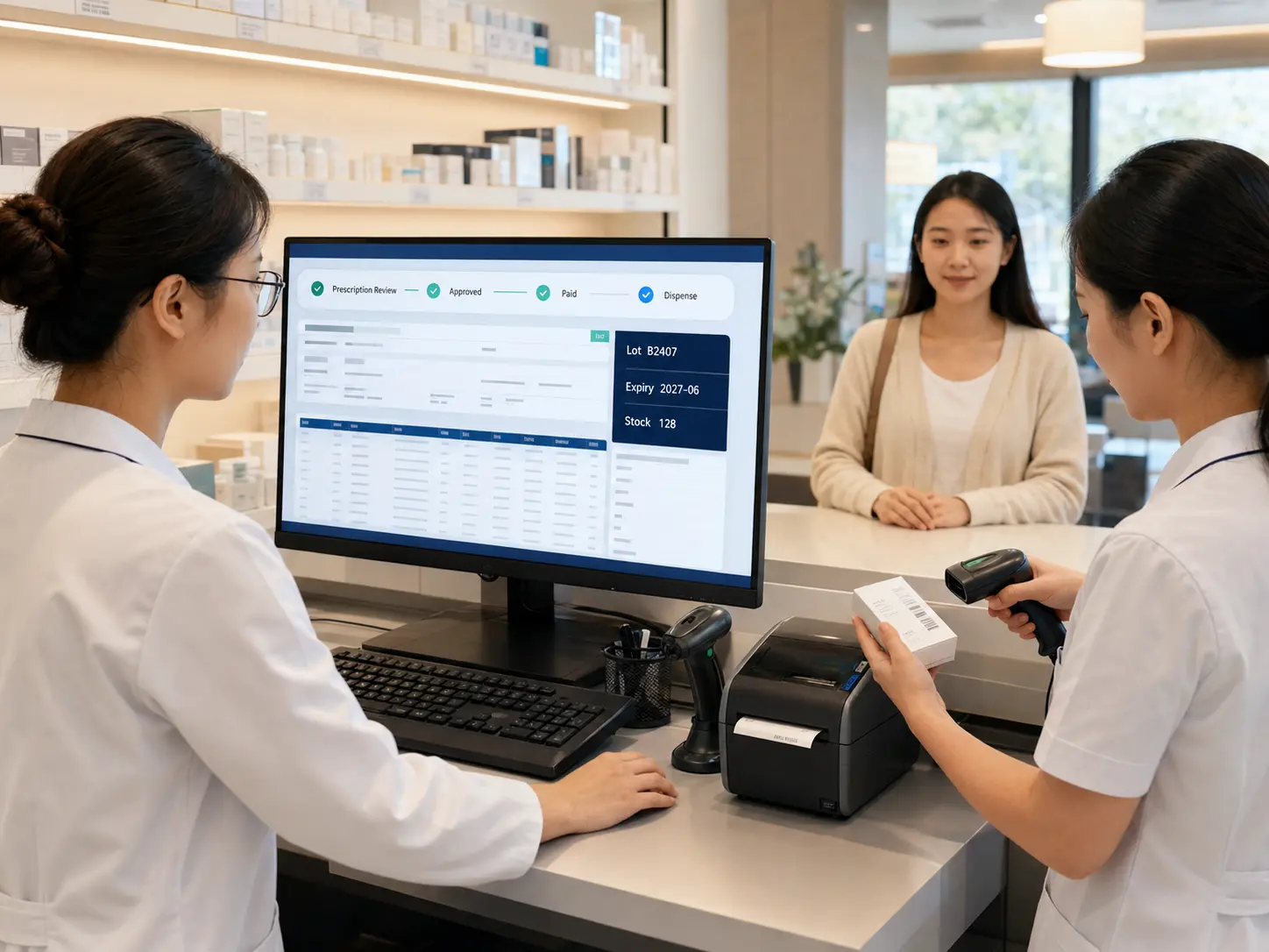 A clinic pharmacist uses a high-fidelity system for prescription review, payment verification, barcode dispensing, and drug lot and expiry inventory management