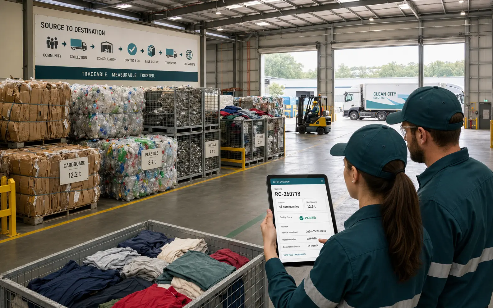 A materials recovery facility consolidates community orders into batches and tracks source, weight, inspection, storage and downstream destination on a tablet