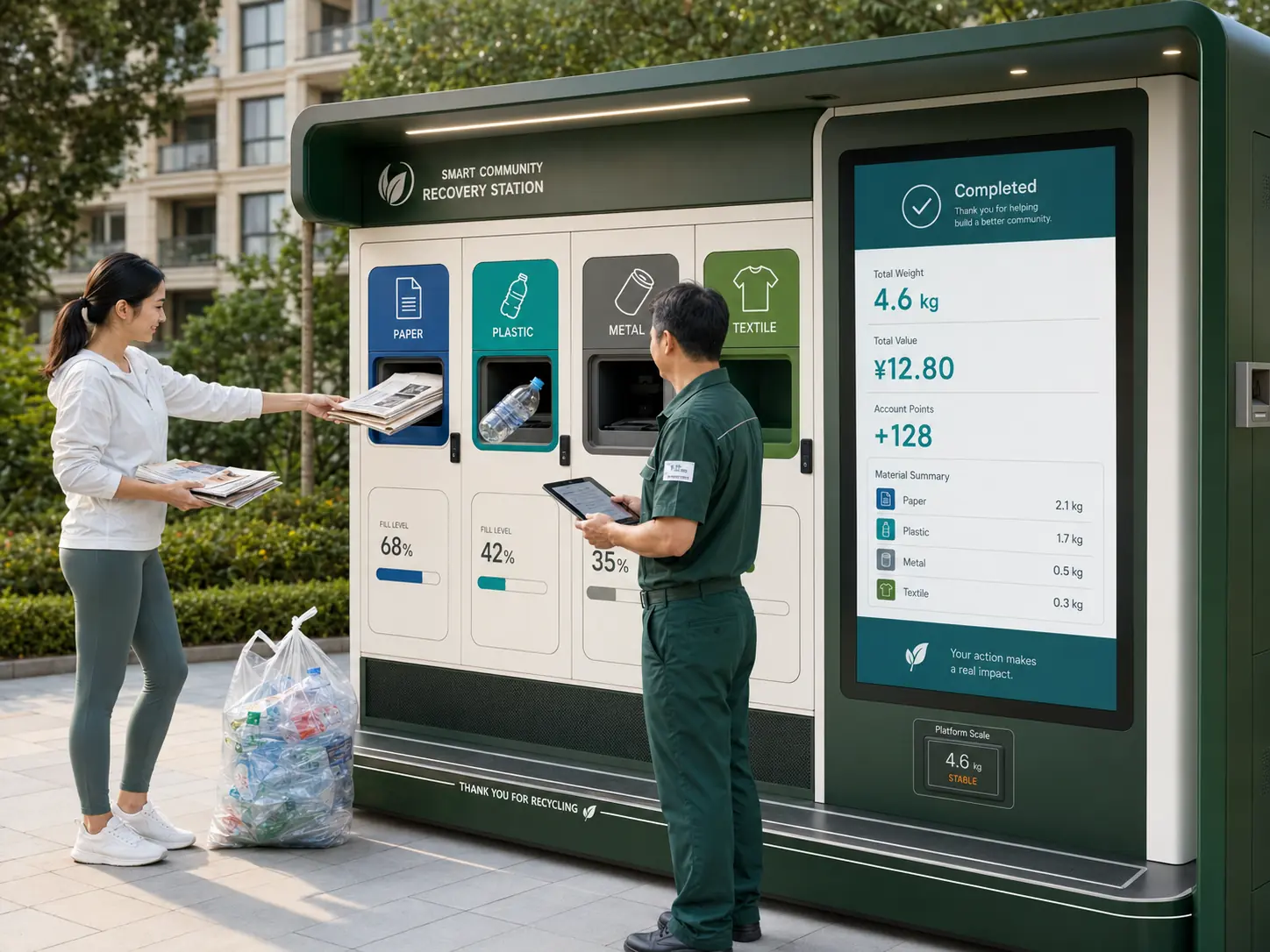 A resident deposits sorted materials at a smart community recycling station showing weight, value, rewards and bin capacity