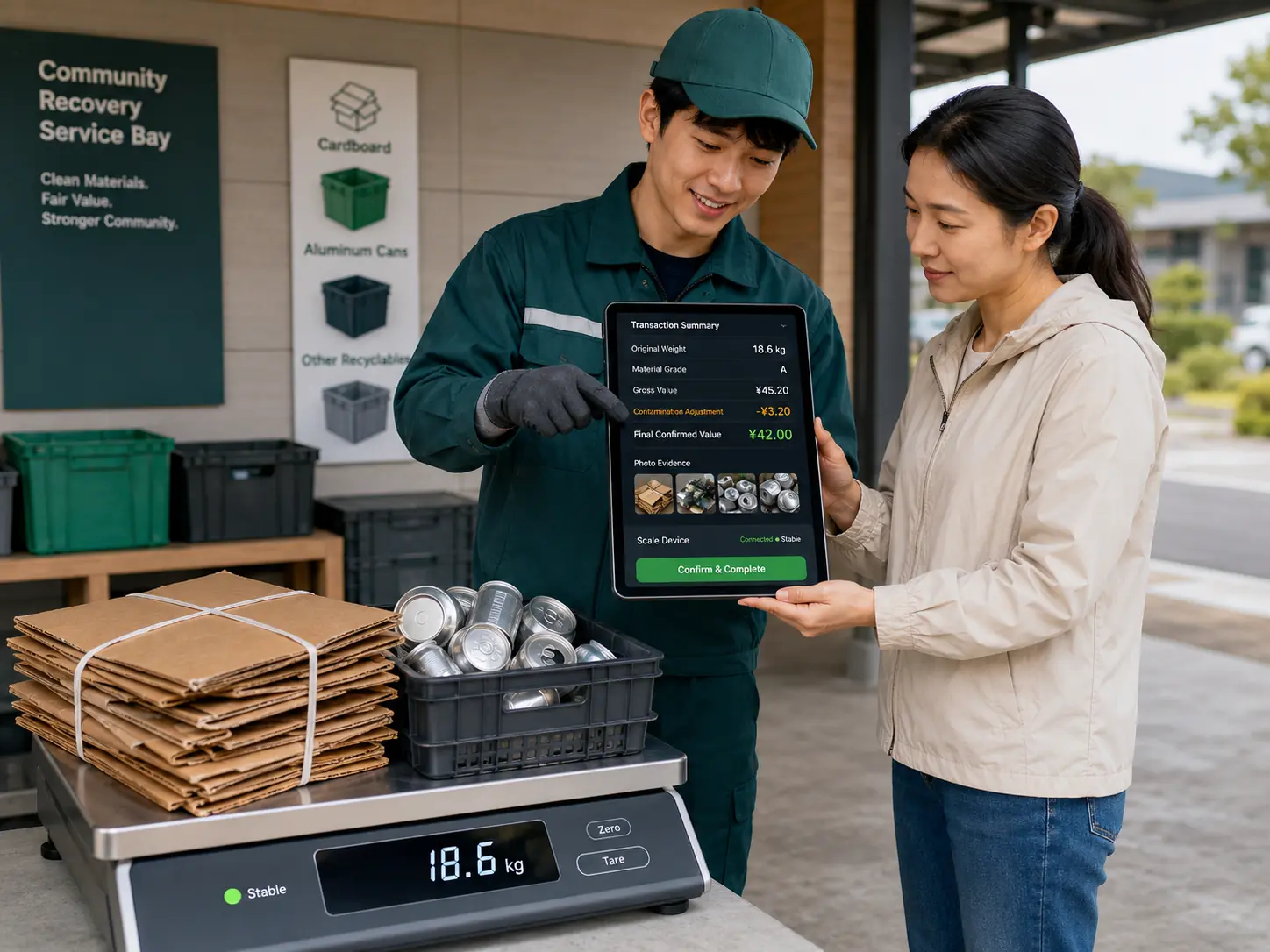 A collector uses an electronic scale and high-fidelity tablet interface to show weight, grade, deductions and settlement to a resident