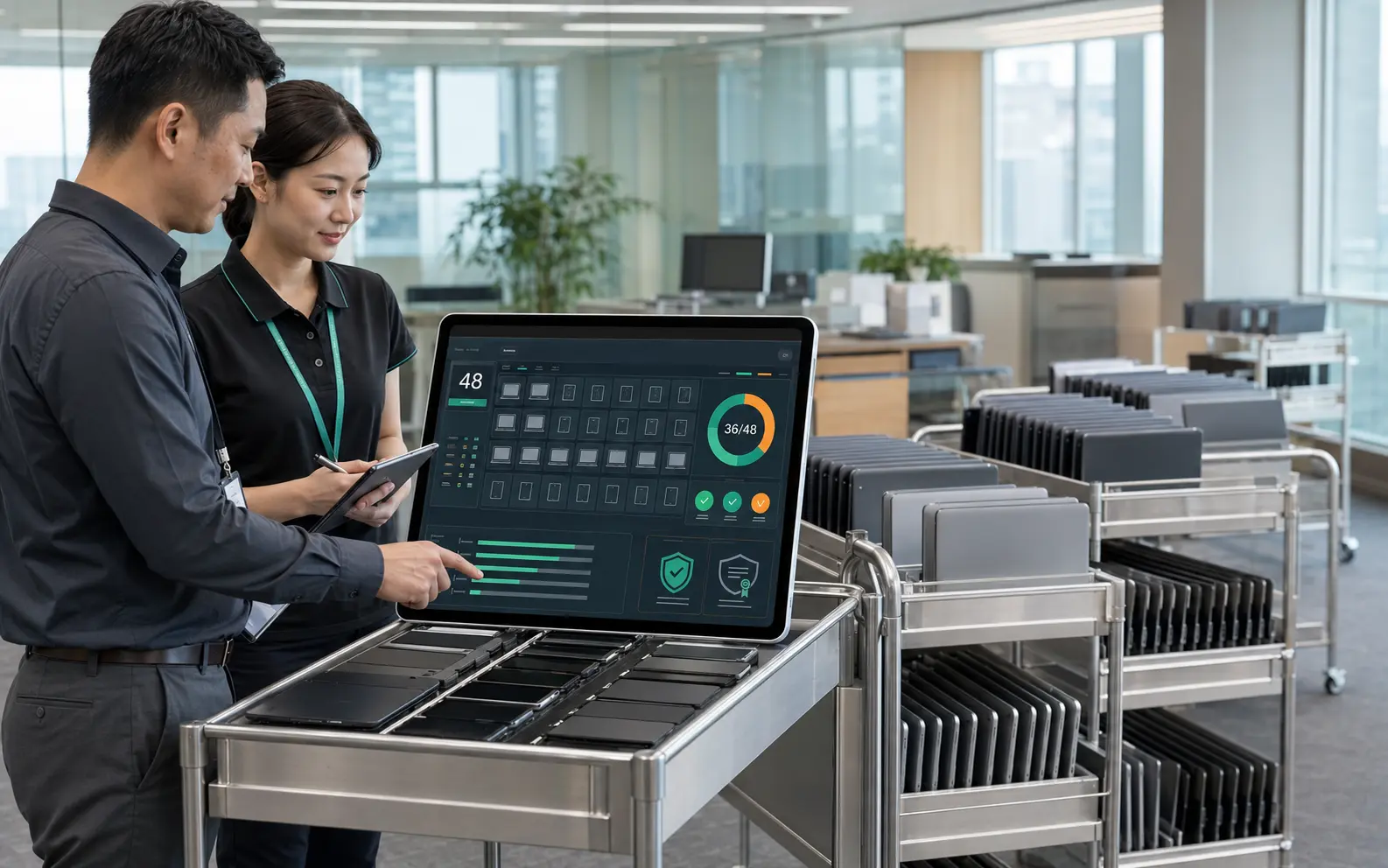 An enterprise IT manager and recovery team transfer computers and phones in batches using a high-fidelity asset management interface
