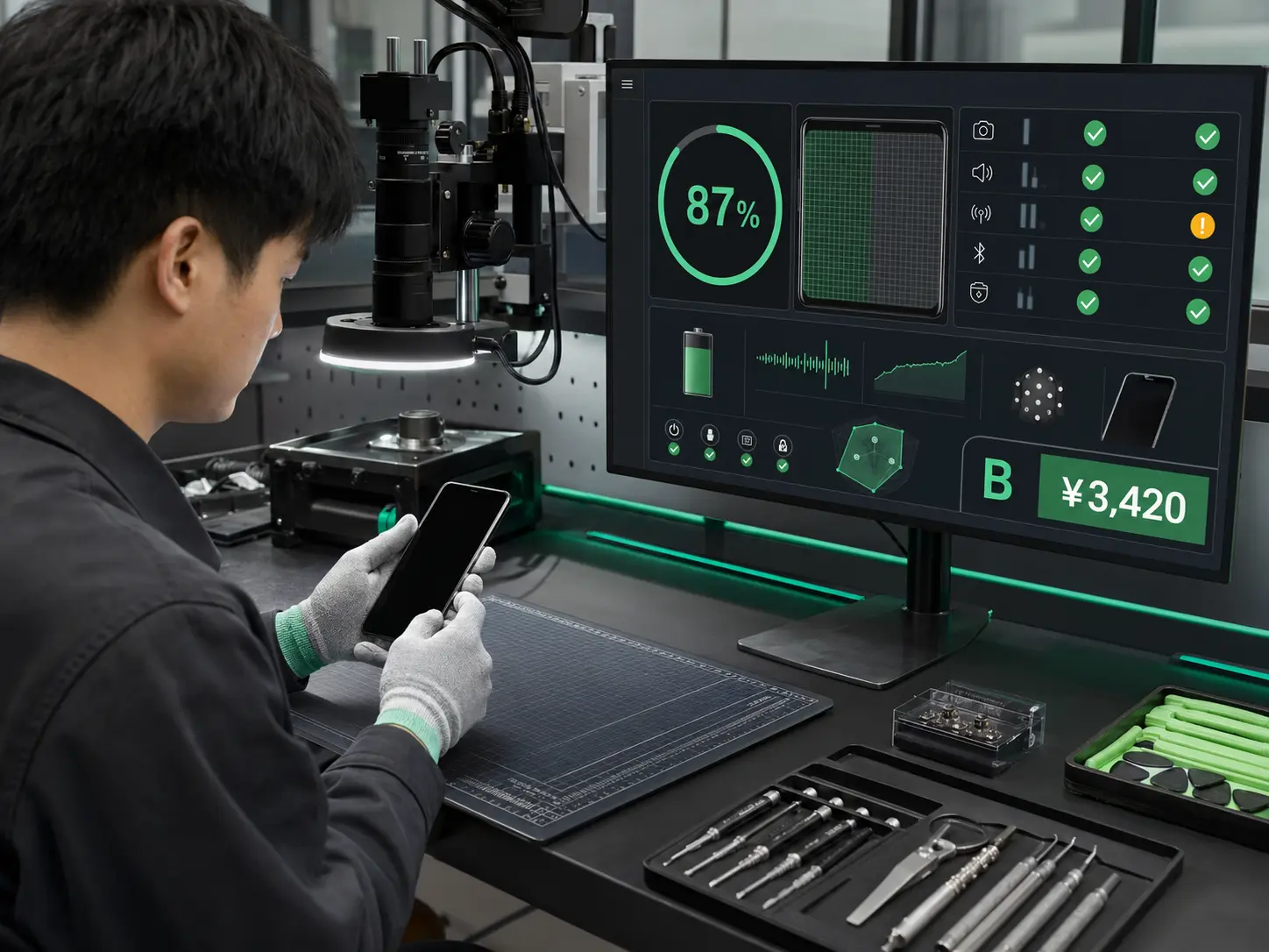 A technician inspects a smartphone and confirms final value with professional tools and a high-fidelity diagnostics interface