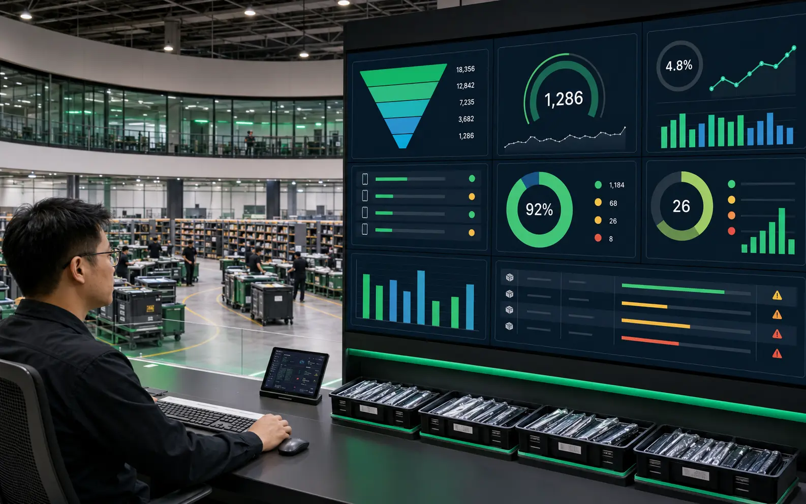 Digital recycling operators monitor valuation conversion, inspection queues, transactions, inventory, and risk in a high-fidelity management console