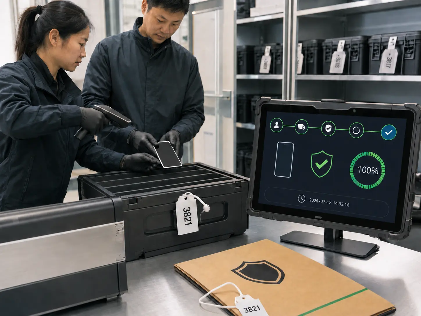 Staff secure digital devices with tamper seals, scanning, and a verified data erasure interface