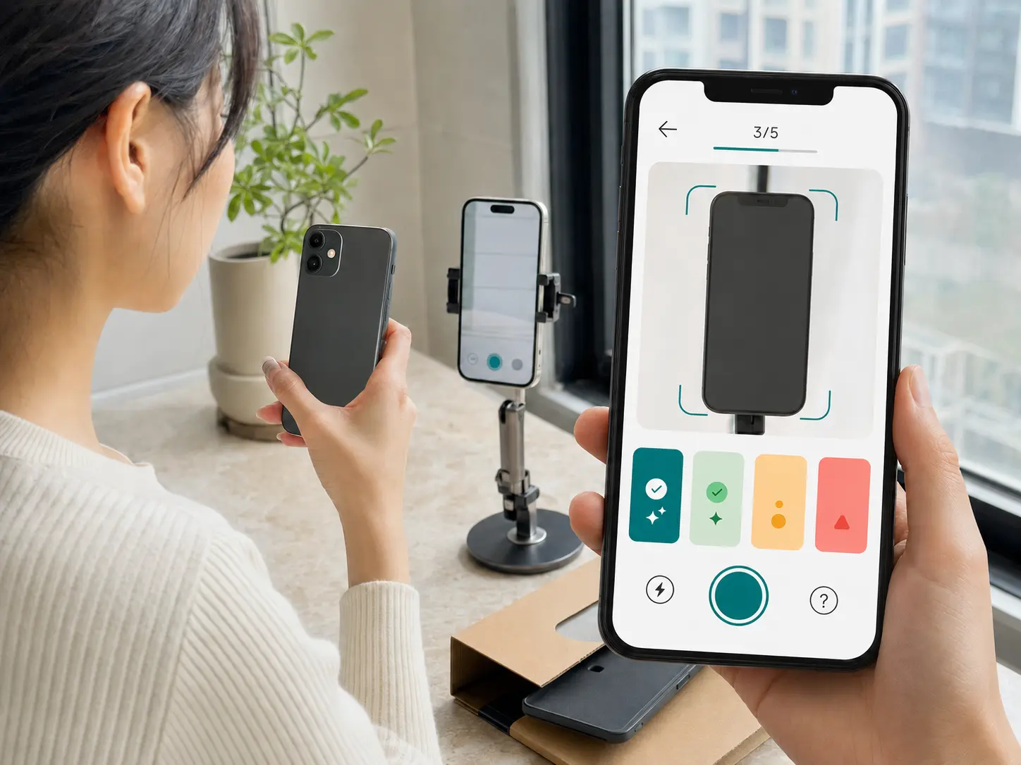 A customer photographs a device and completes a guided condition assessment in a high-fidelity mobile interface