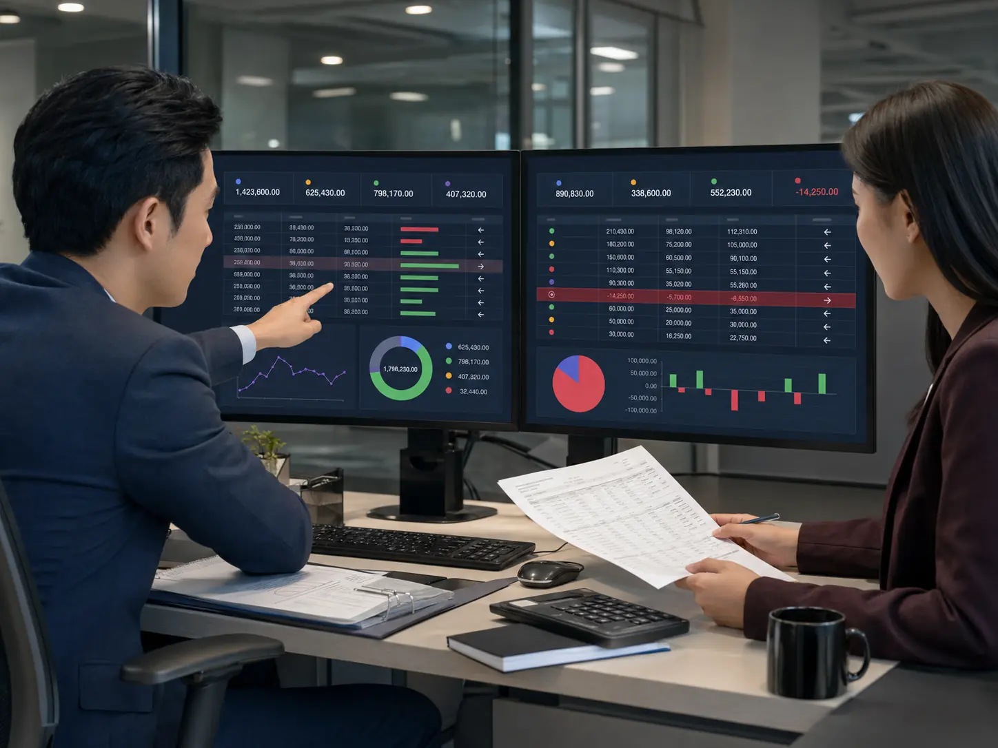 A finance operator reviewing an order commission ledger, refund reversals and settlement reconciliation
