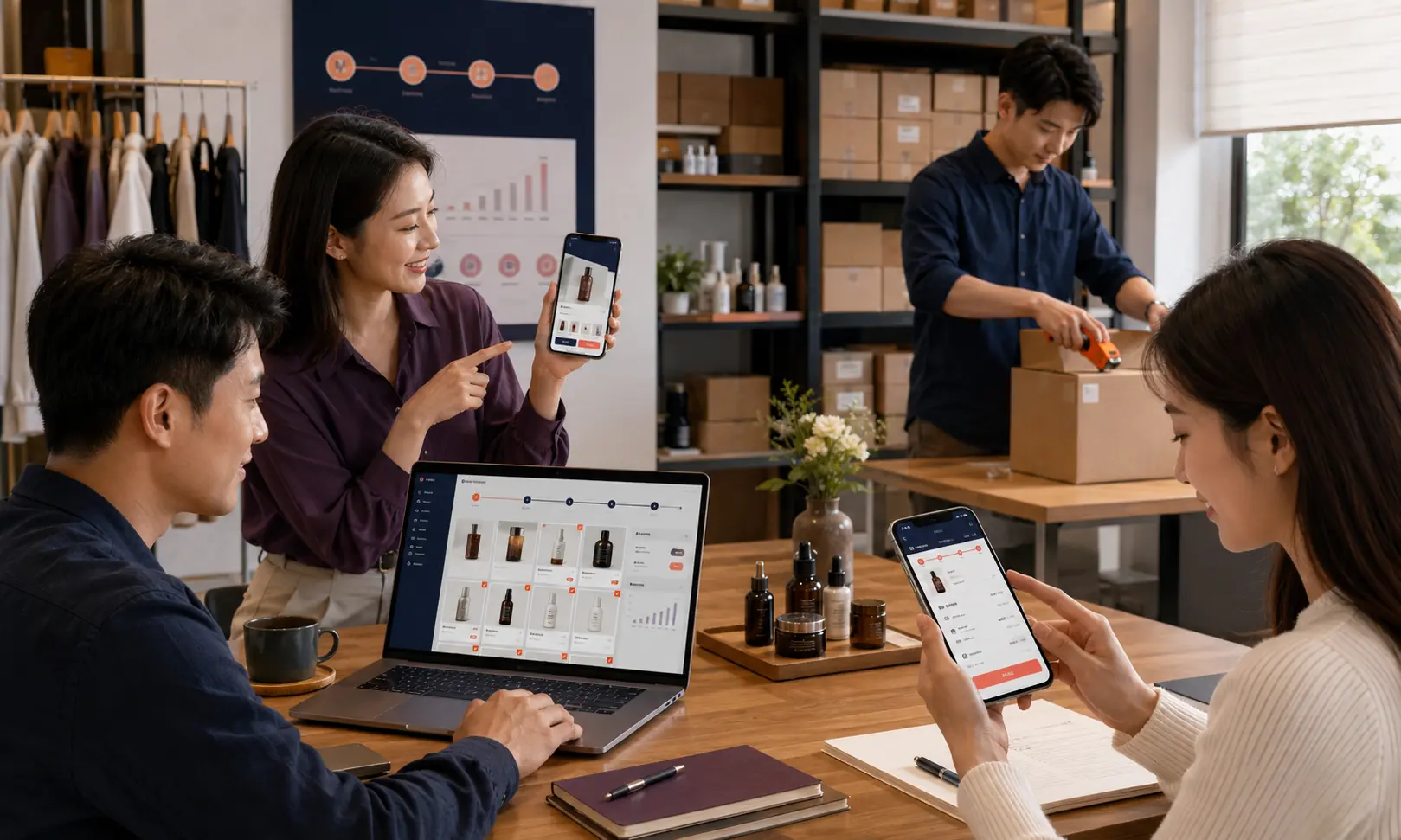 A brand team, promoter and customer collaborating across authorization, curation, order, fulfillment, refund and commission settlement