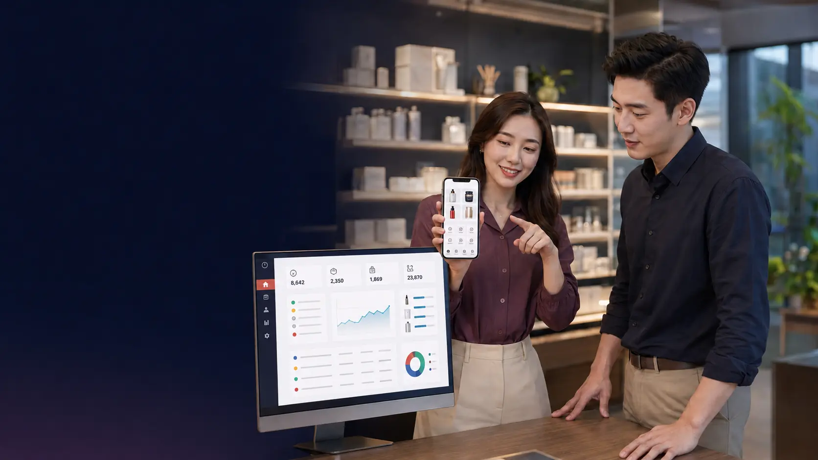 A brand operator and promoter reviewing products, customer orders and commission status in a real retail setting