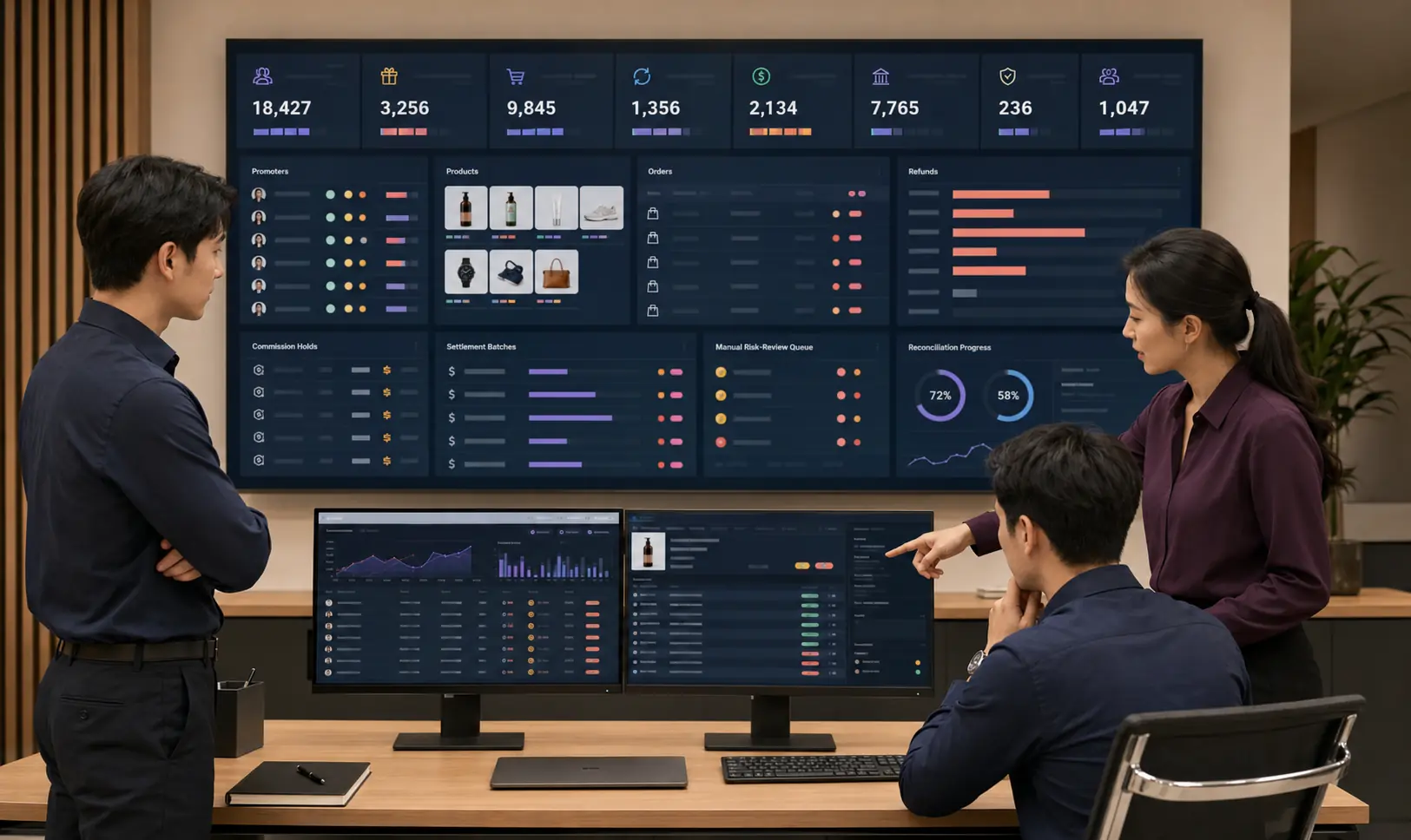 A brand operations team reviewing distribution sales, promoters, commission, refunds and risk in a management console