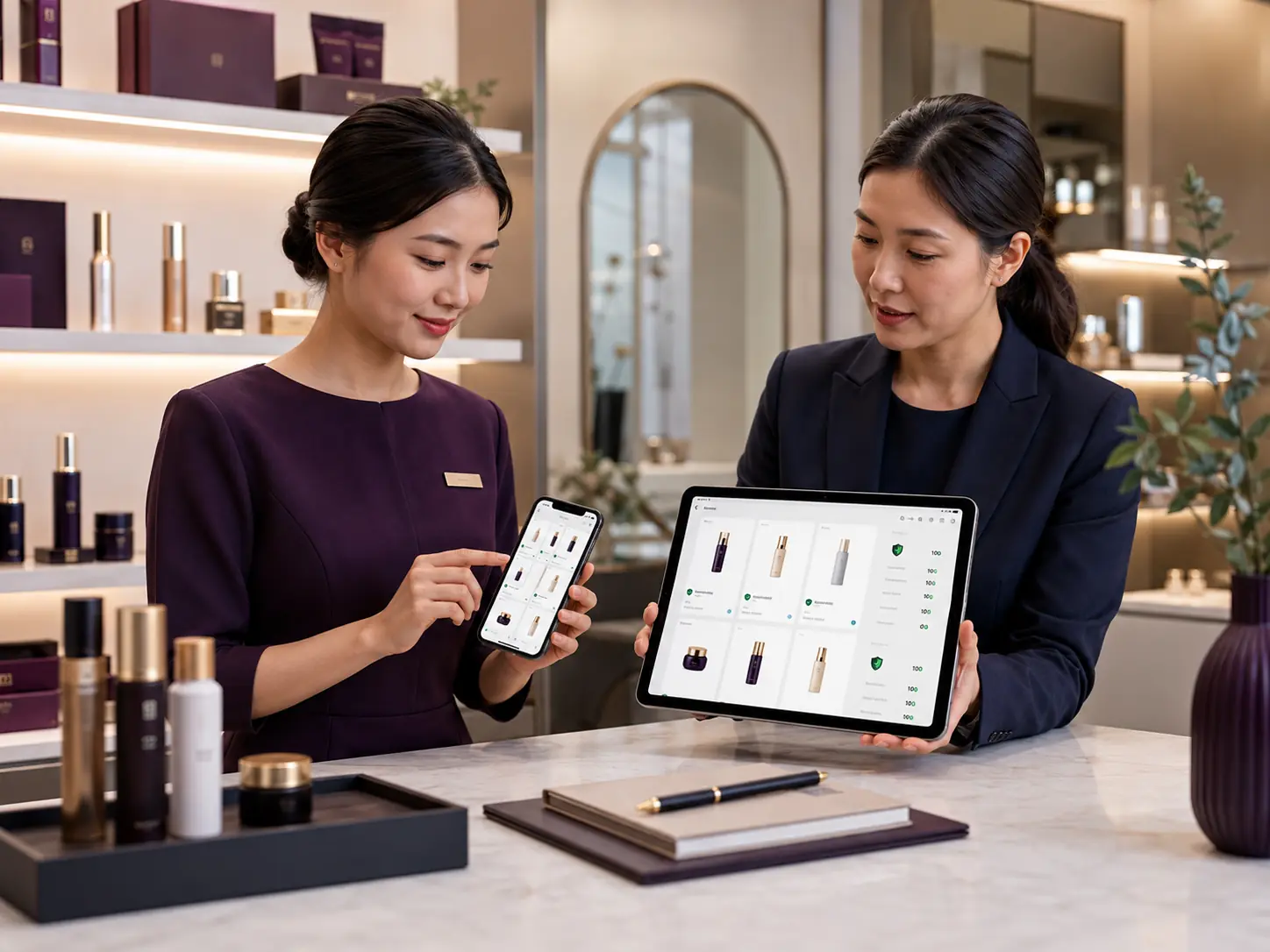 A promoter selecting authorized products and reviewing content and promotion status in a mobile storefront