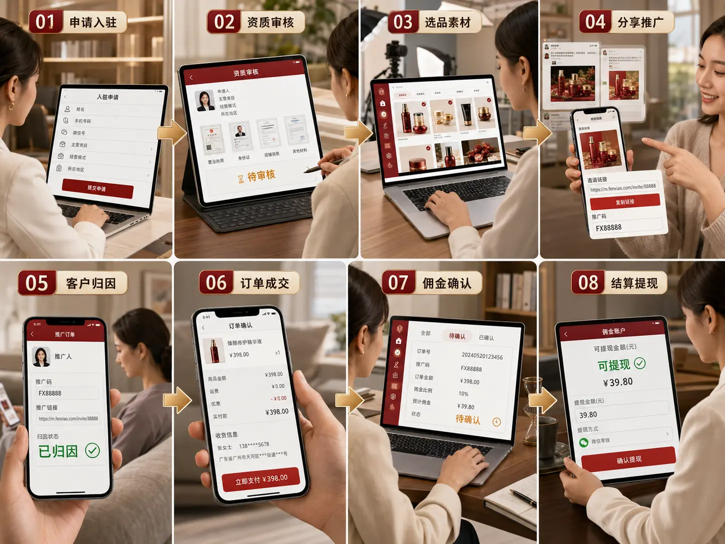申请入驻、资质审核、选品素材、分享推广、客户归因、订单成交、佣金确认和结算提现八阶段真实业务流程