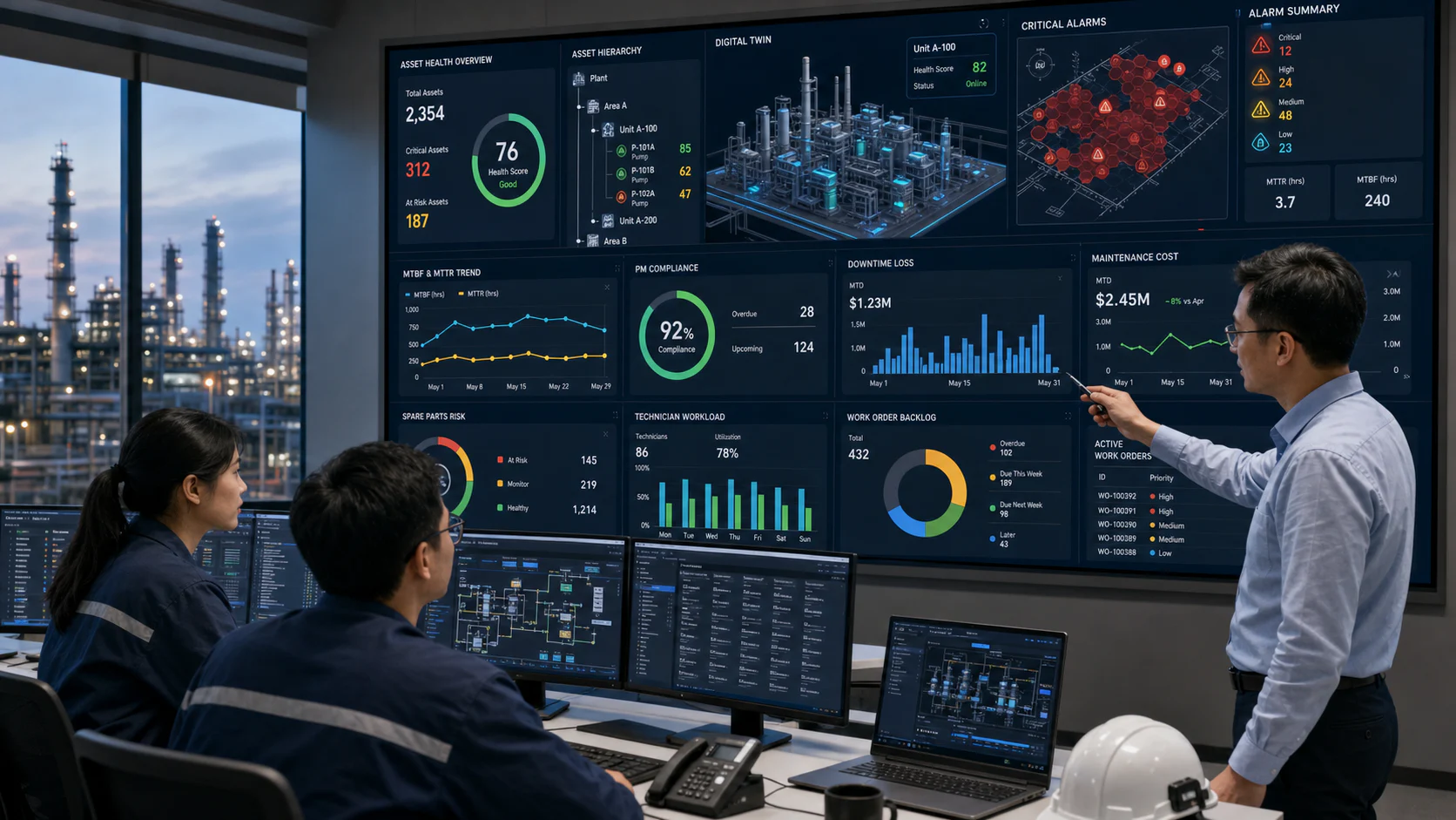 EAM 设备可靠性运营中心展示数字孪生、健康状态、告警、维护绩效和备件风险