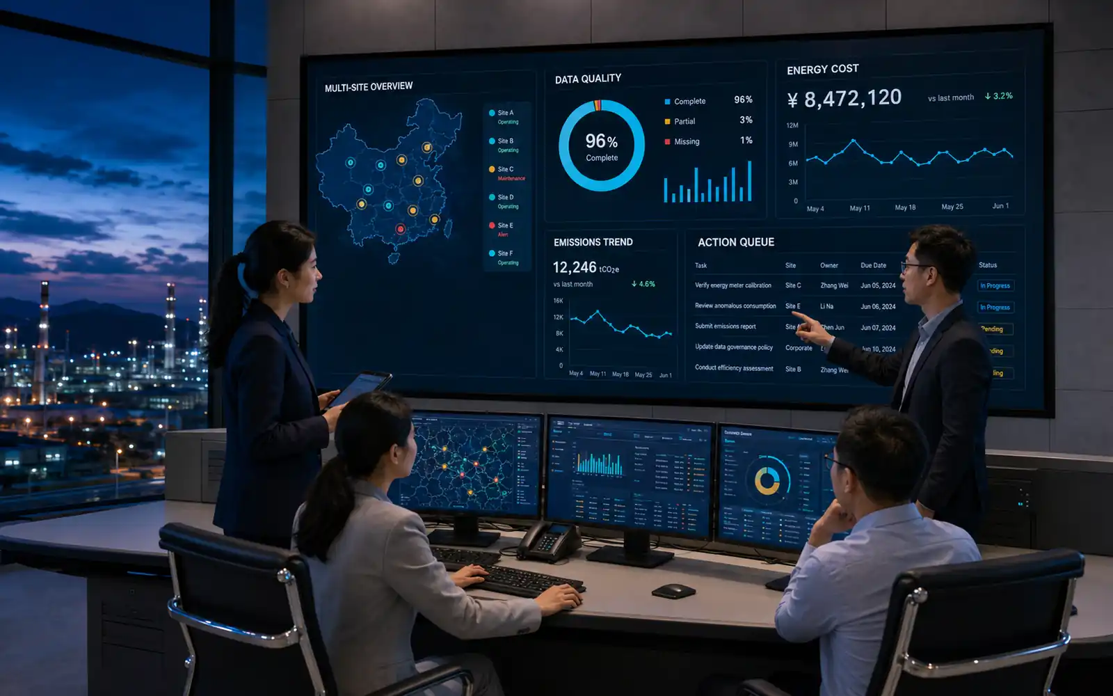 Group energy and carbon operations center reviewing performance, targets, actions and data health