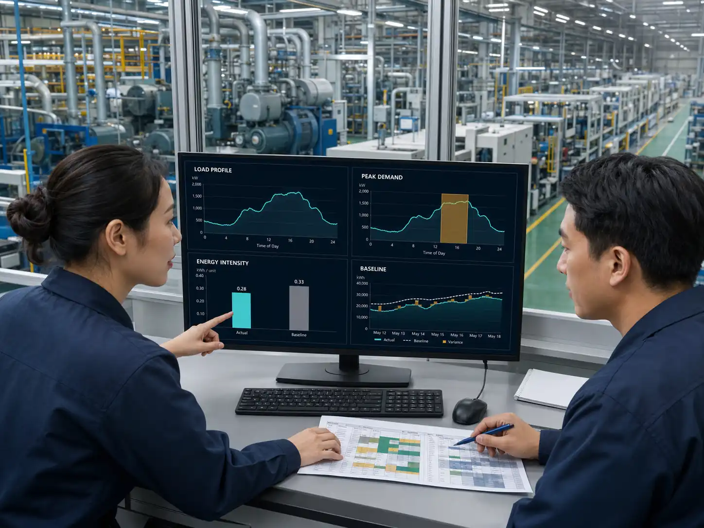 Factory energy manager reviewing load, asset efficiency and energy actions