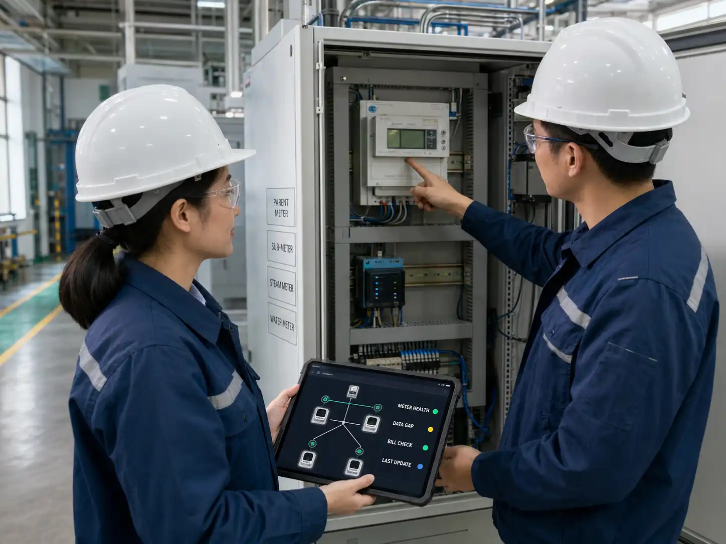 Energy engineer reviewing utility-meter topology, data quality and bill variance