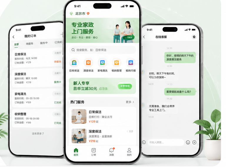 客户小程序订单、首页服务和在线客服界面