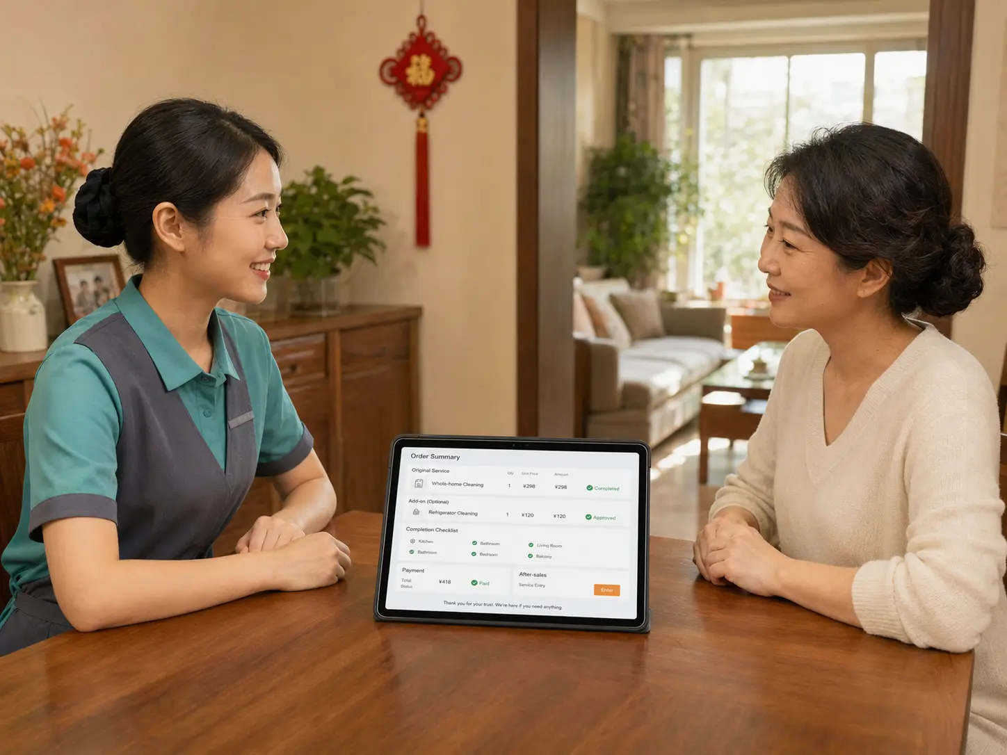 A home service professional explaining an on-site add-on and confirming the order change with the customer