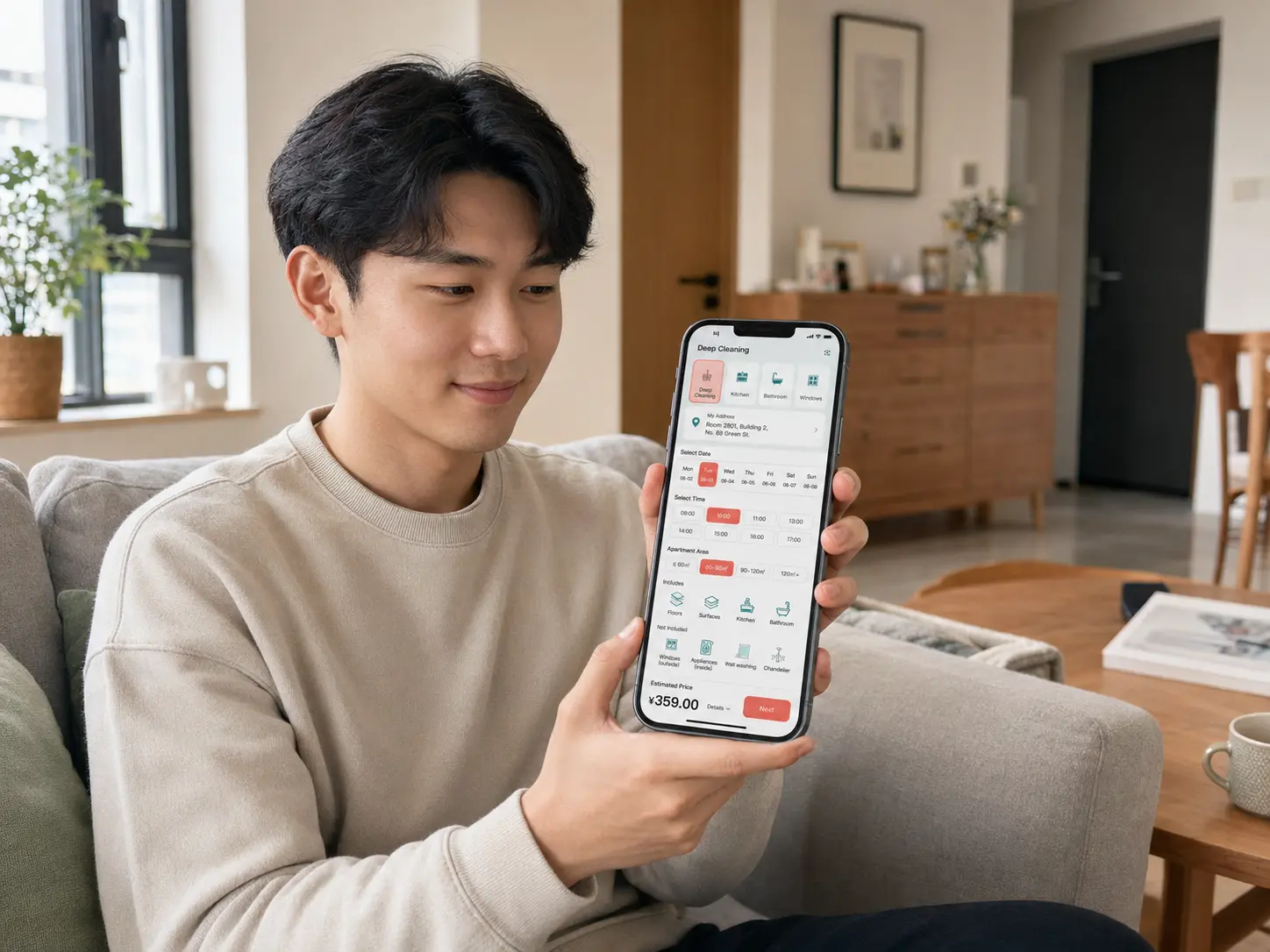 A customer selecting a home service, time slot and address in the mini program