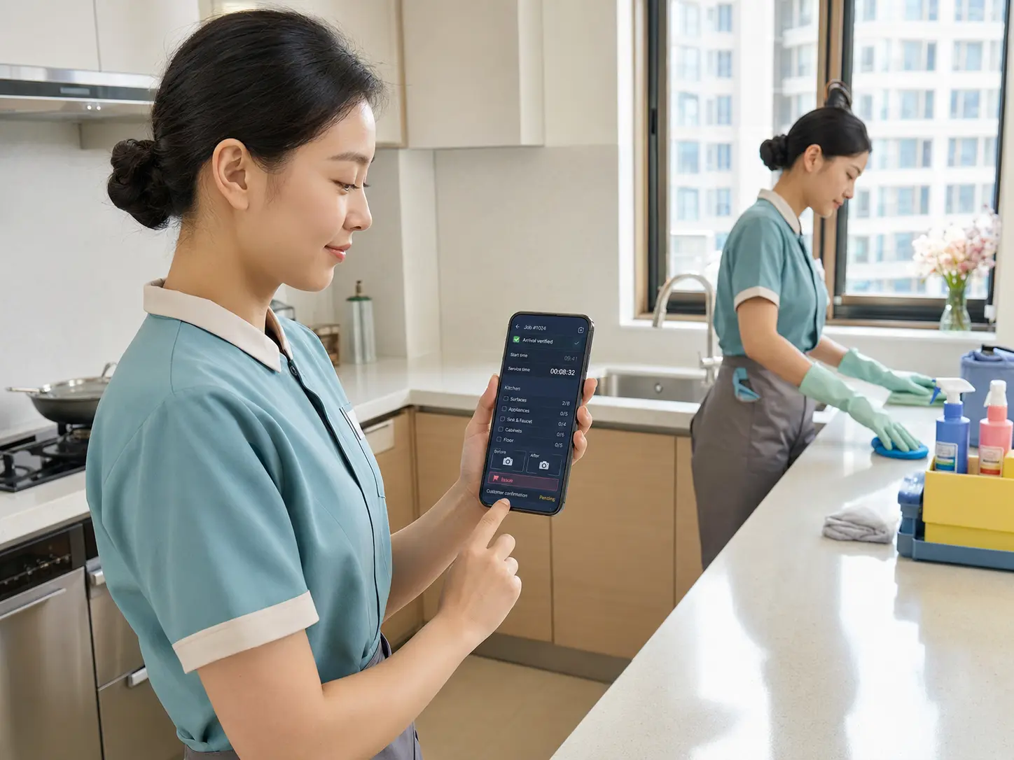 Home service professionals following a task list while cleaning a real kitchen