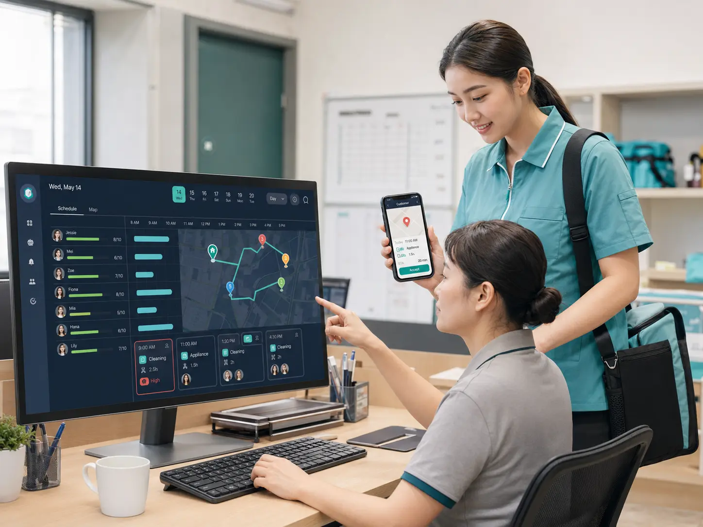 Dispatch operators assigning home service orders using worker status, route and map information