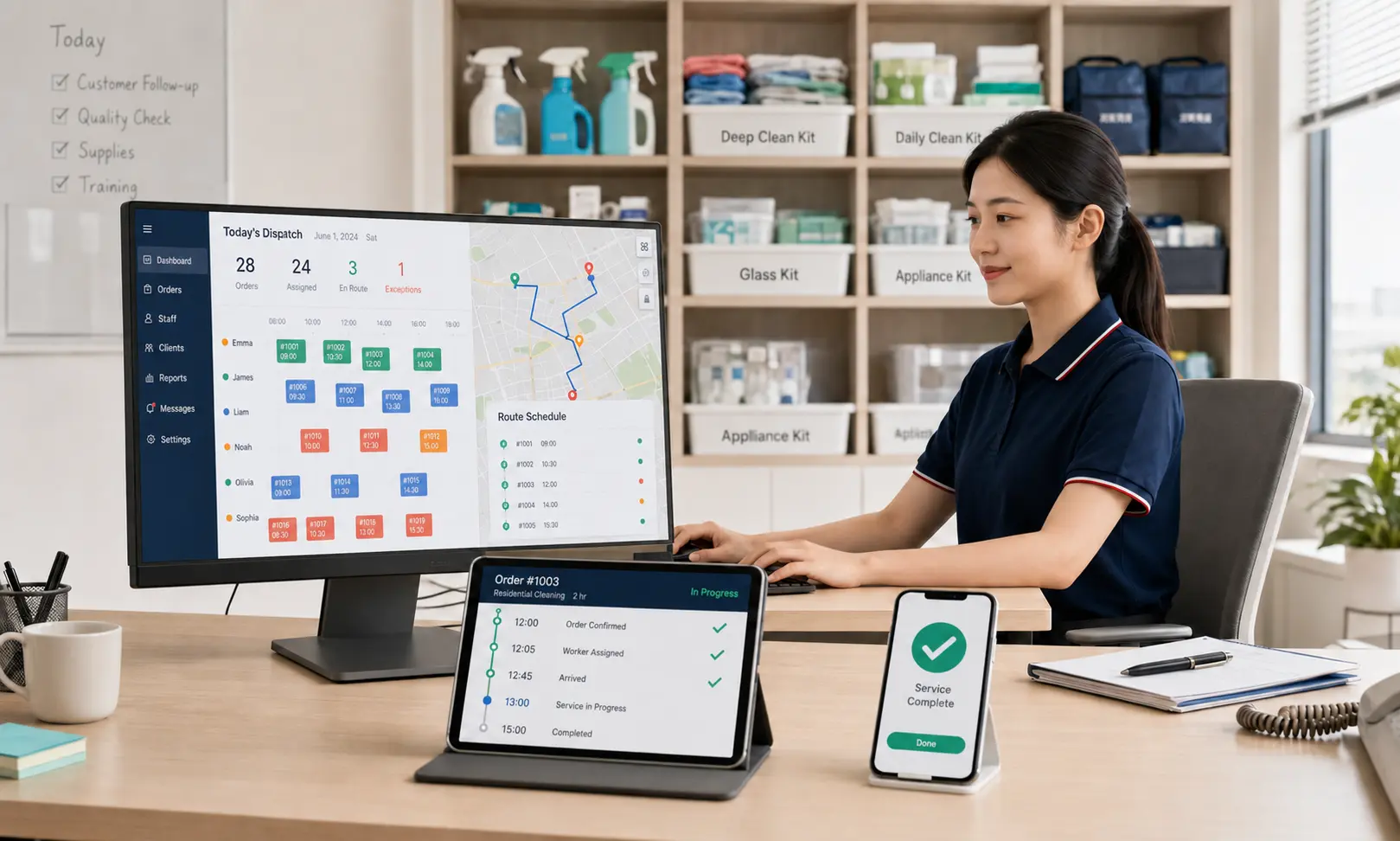 Home service operators managing booking, dispatch and delivery through English desktop, tablet and mobile interfaces