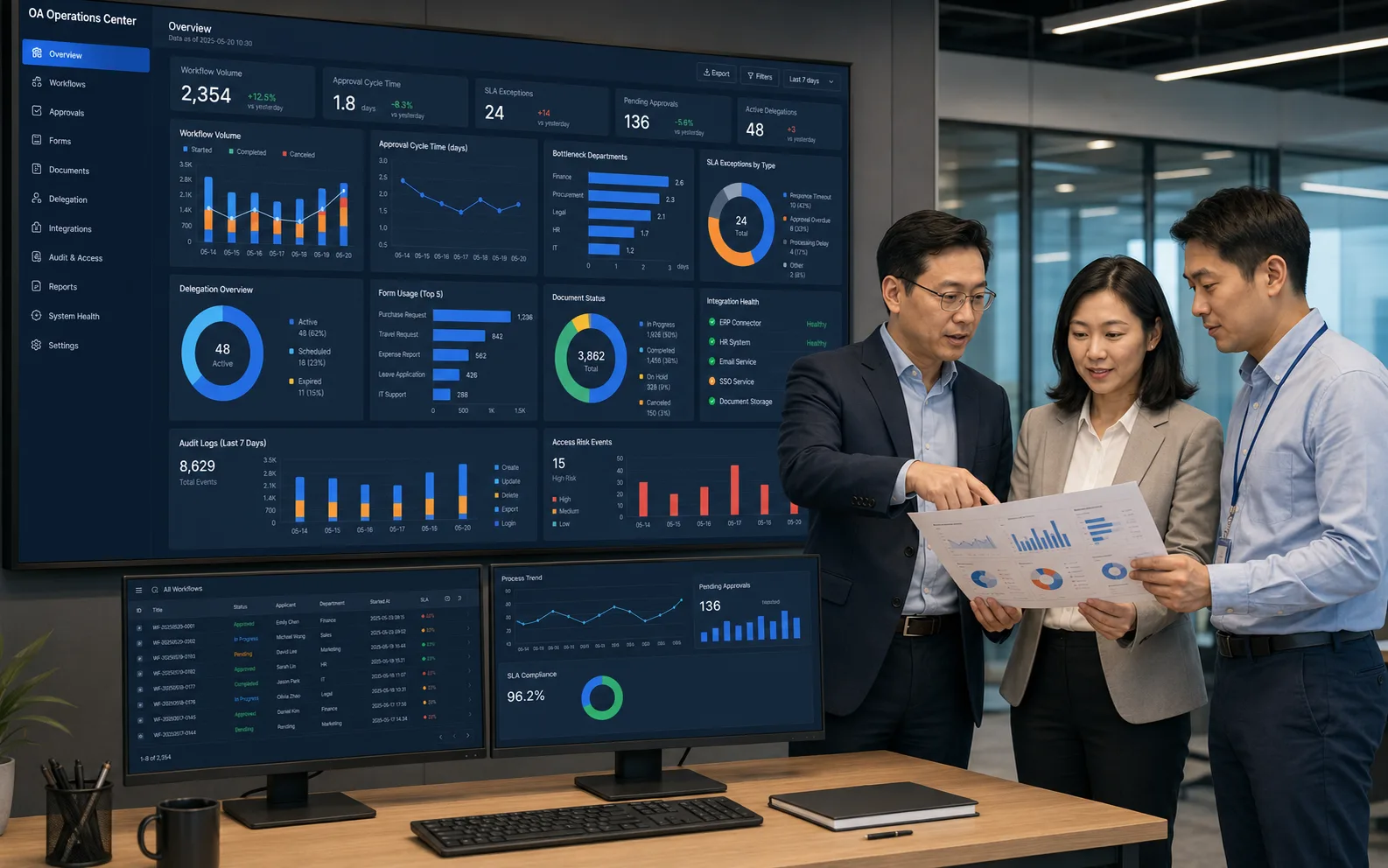 企业管理团队查看高保真 OA 运营后台,包括流程量、周期、瓶颈、SLA、集成和审计风险