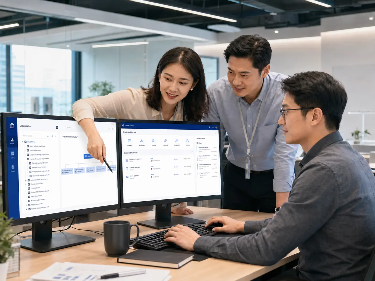 三名企业员工查看高保真组织架构、岗位权限与统一待办工作台