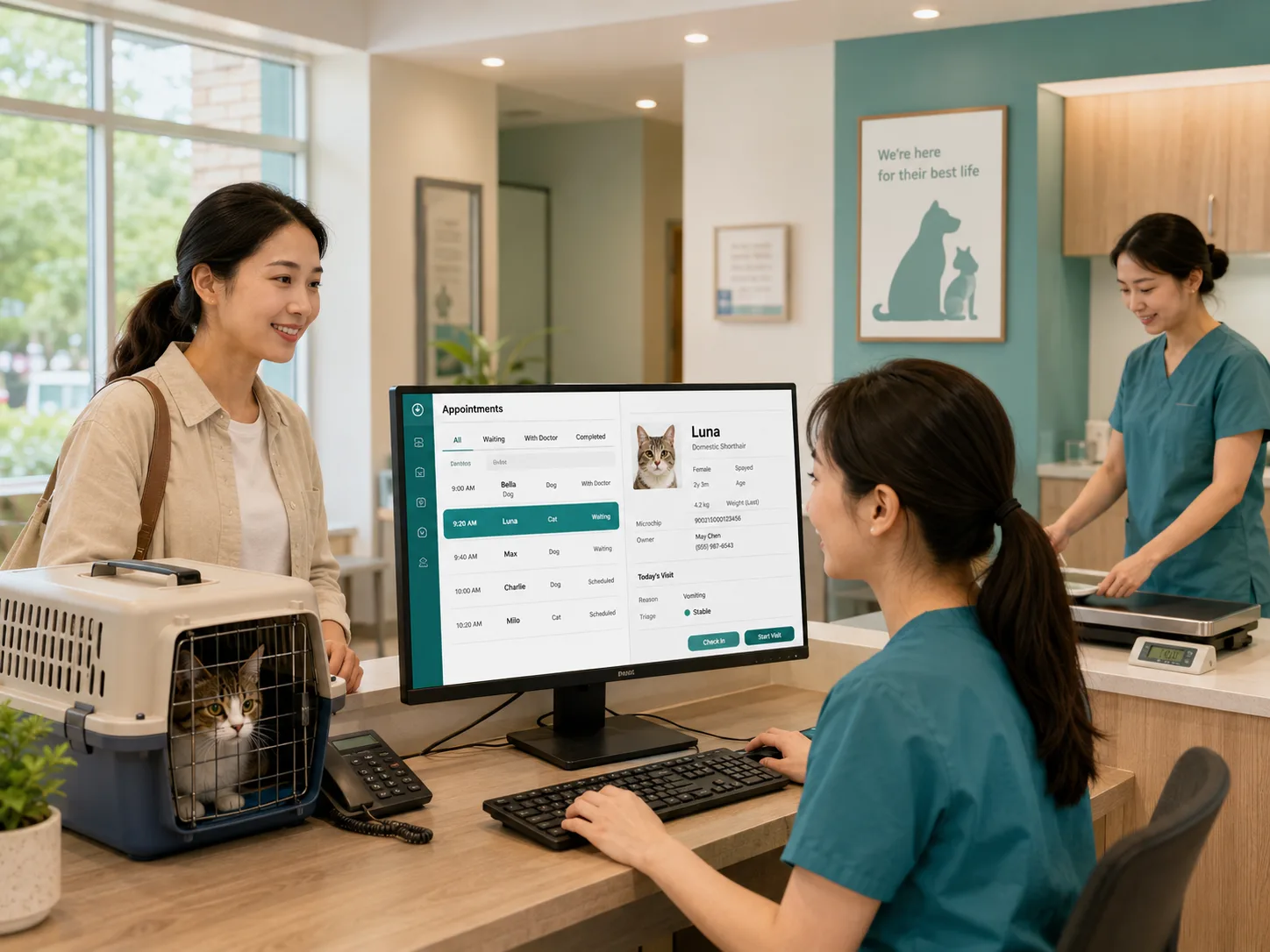 A client arrives with a cat while a high-fidelity reception screen shows appointments and triage