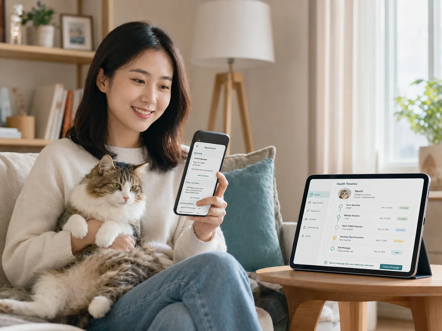 Pet owner viewing vaccination, appointment and health timeline on high-fidelity mobile and tablet screens