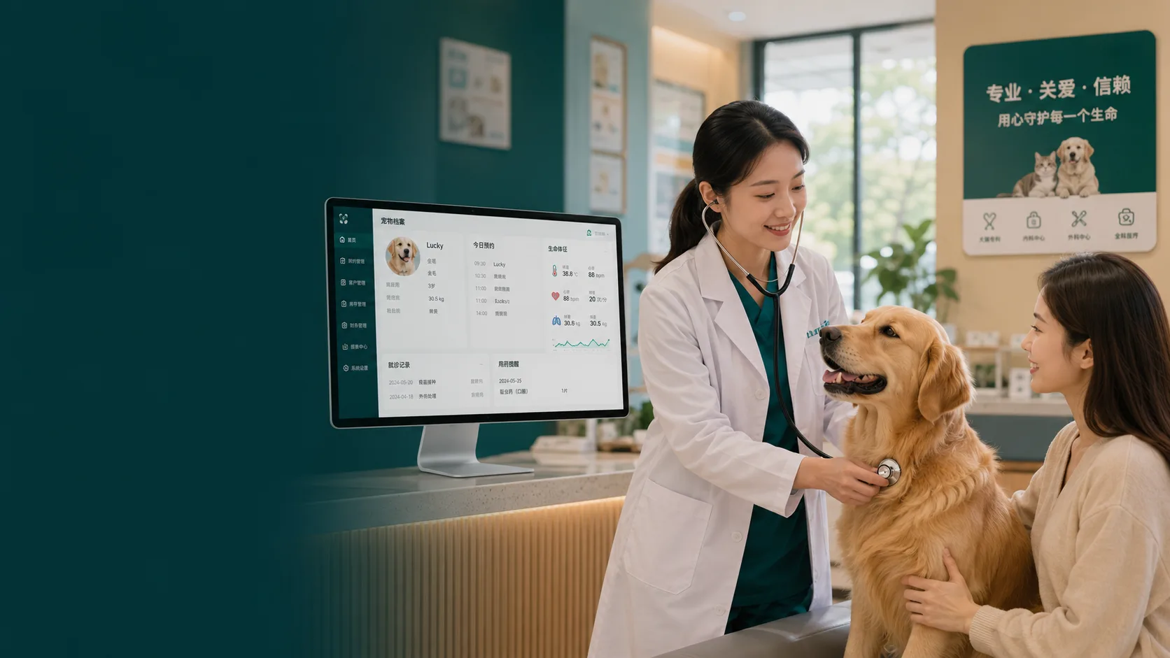 Veterinarian examining a dog while an integrated computer displays a high-fidelity pet medical record