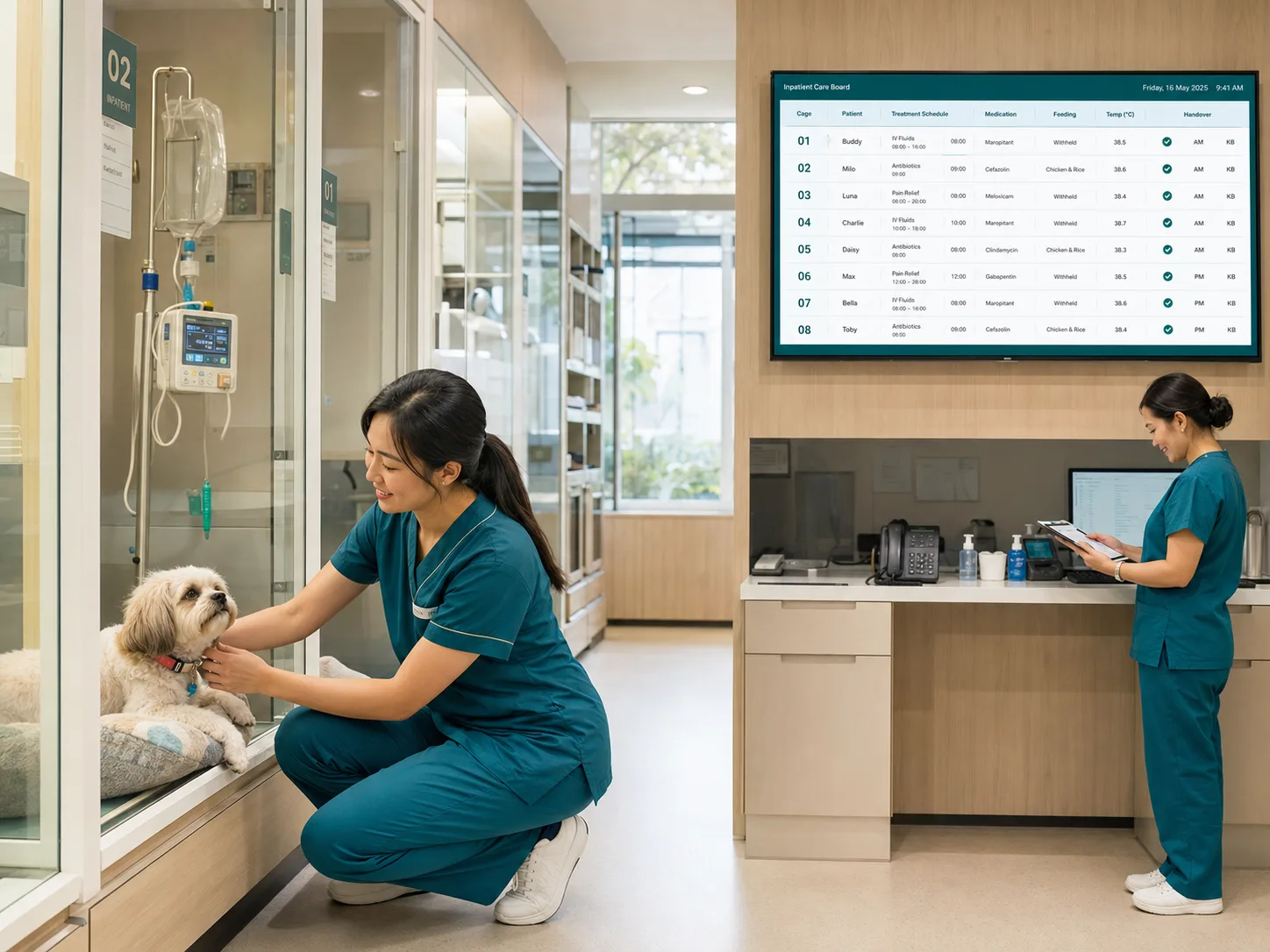 Veterinary inpatient ward with a high-fidelity bed, treatment and handover board