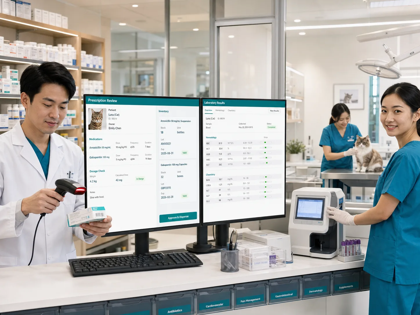 Veterinary pharmacy and lab screens showing prescription review, dosage, inventory and results