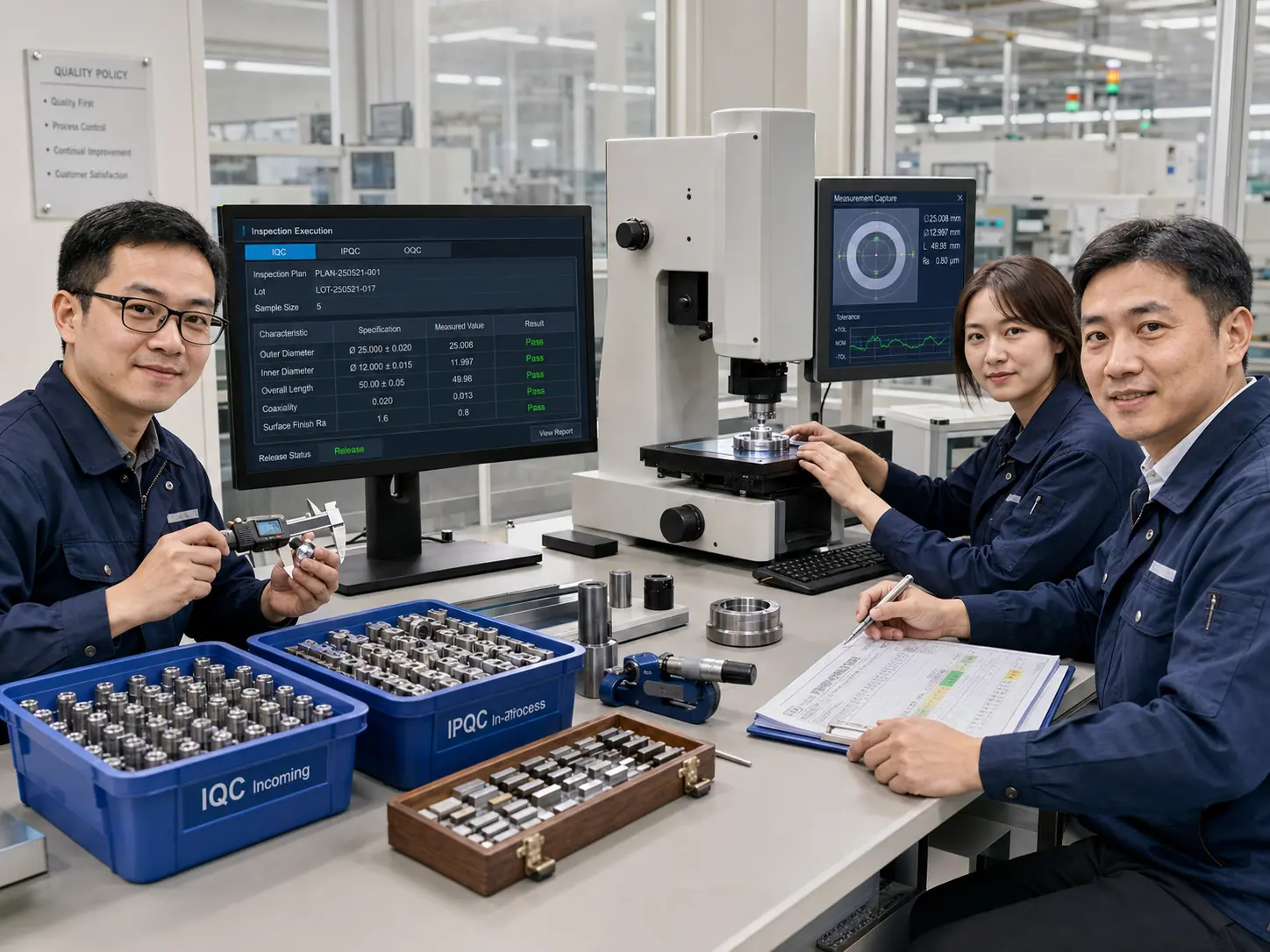 检验员在来料区和生产工位使用工业终端记录尺寸、缺陷、设备与检验判定