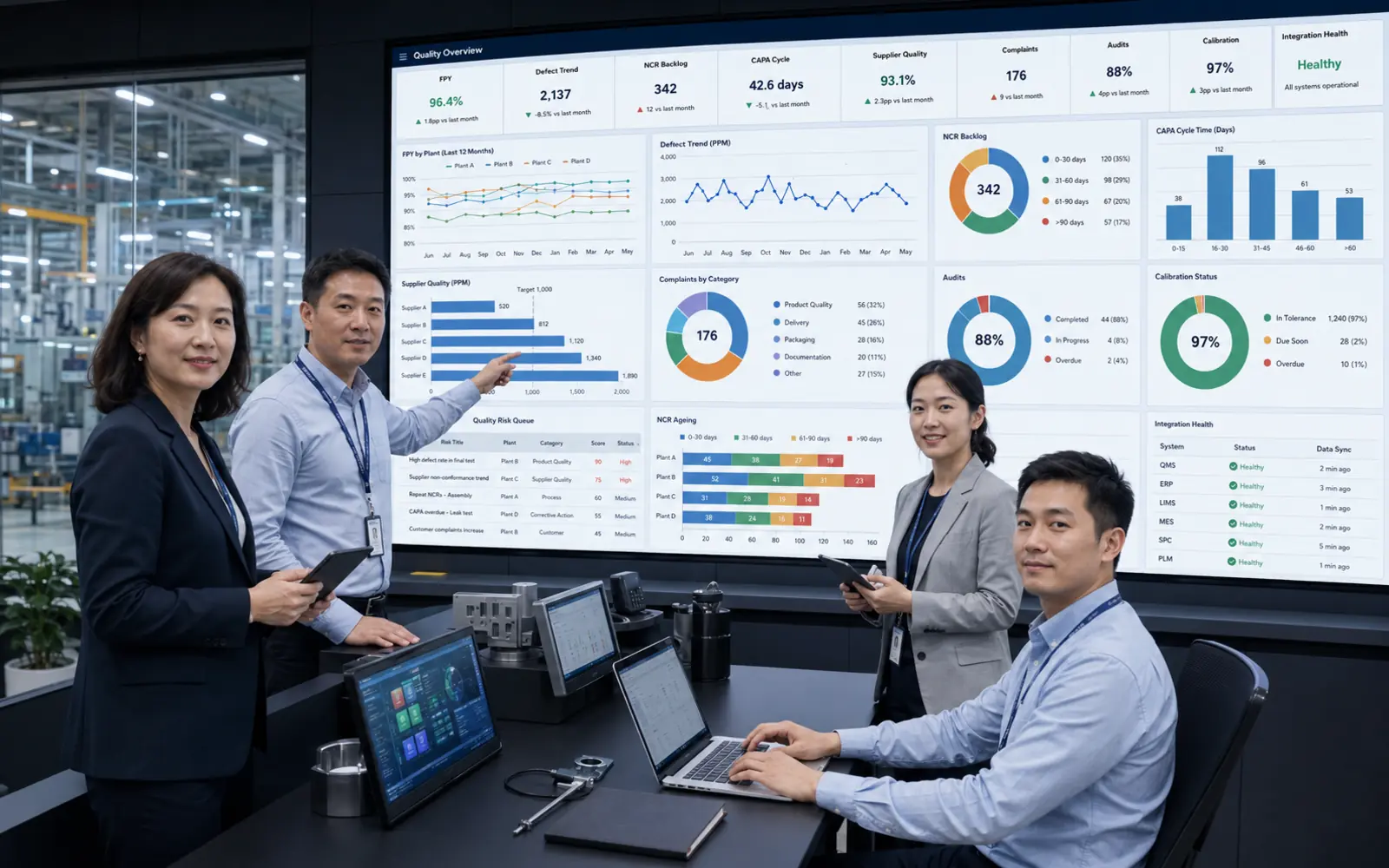 QMS多工厂运营后台展示FPY、PPM、不合格、CAPA、供应商、审核和质量成本界面