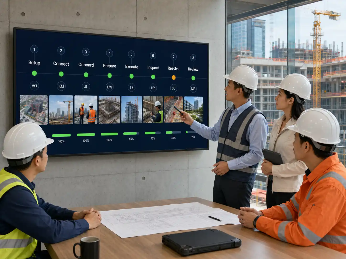 Eight-step construction journey from project setup and workforce admission to verification and review